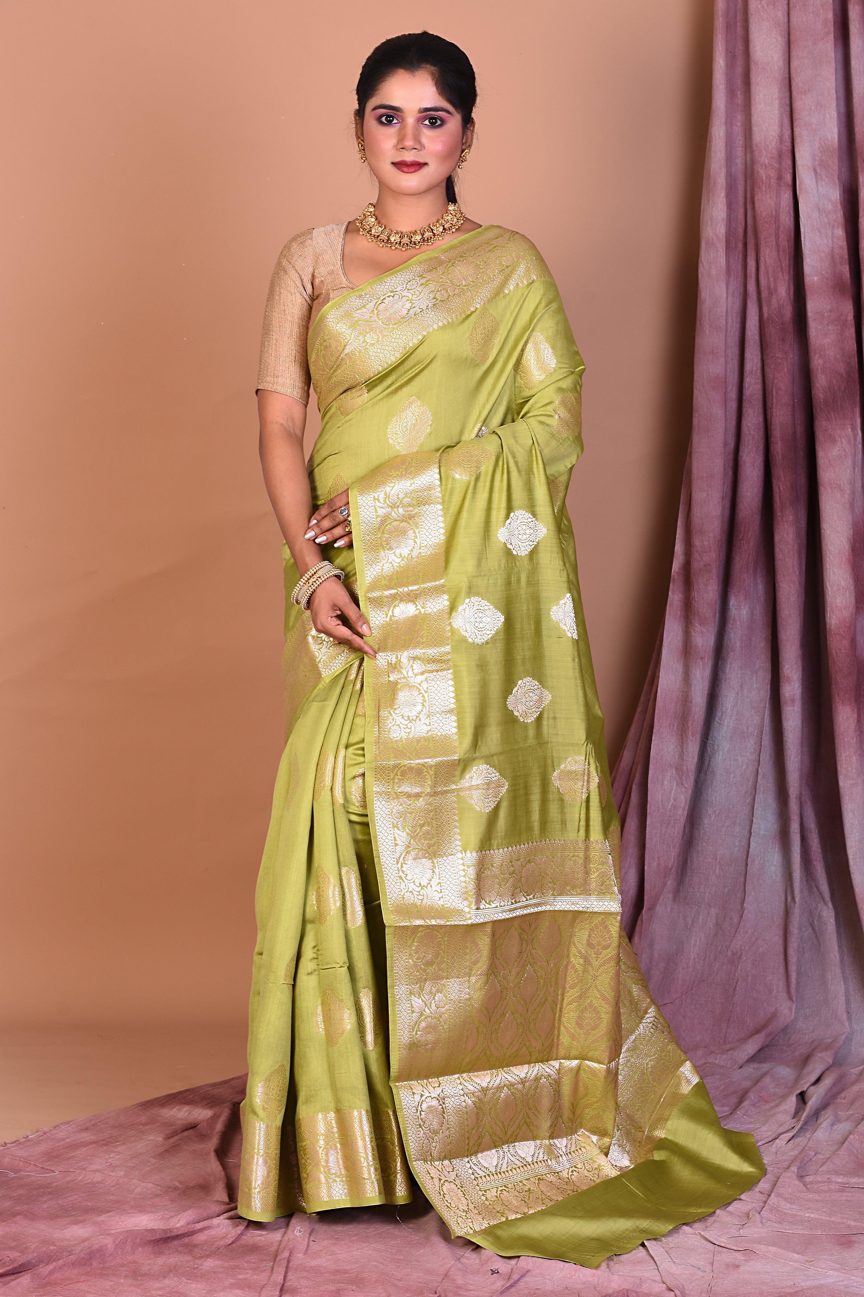 Pesta Green Pure Chiniya Silk Saree with Golden Zari - Keya Seth Exclusive