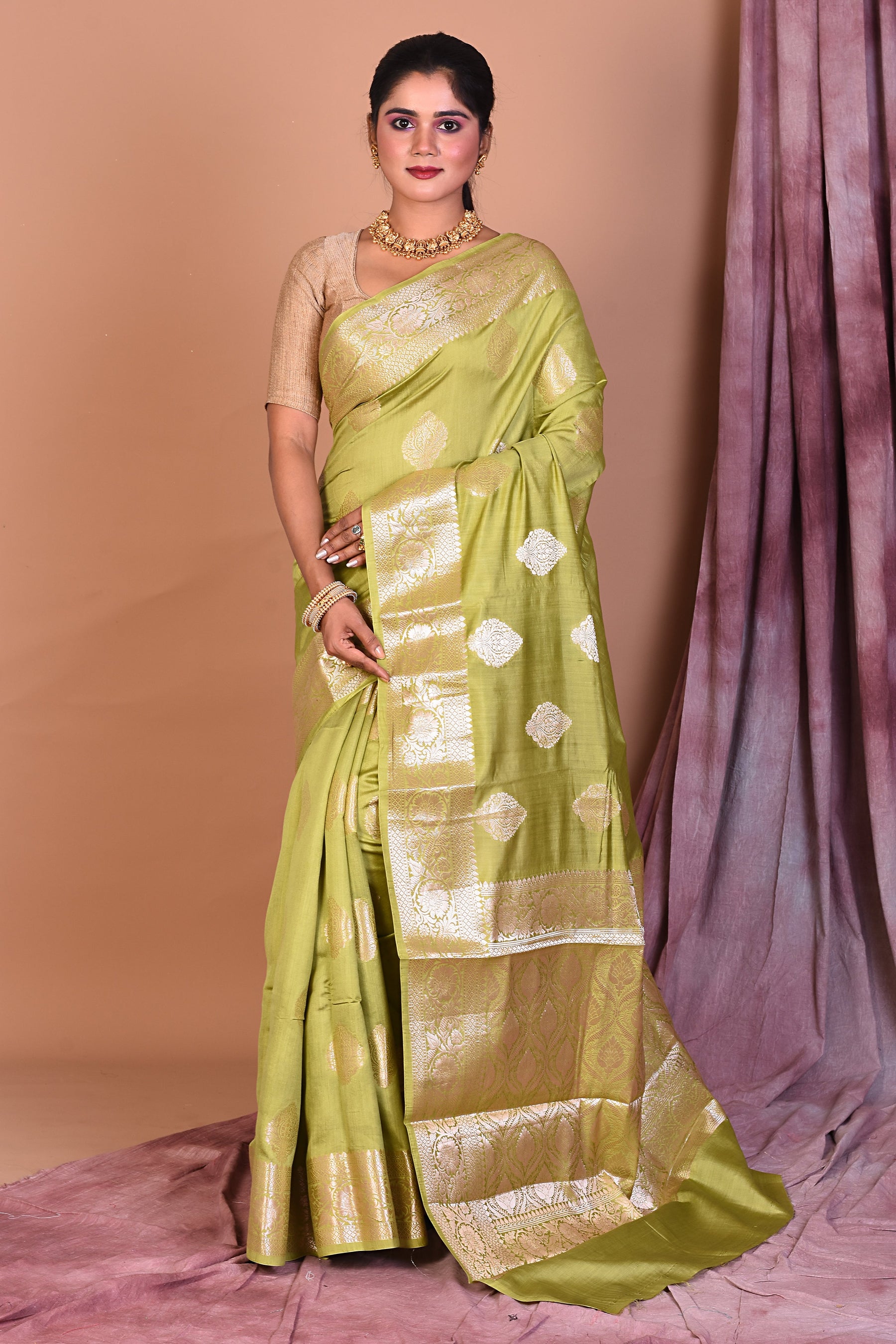 Pesta Green Pure Chiniya Silk Saree with Golden Zari - Keya Seth Exclusive