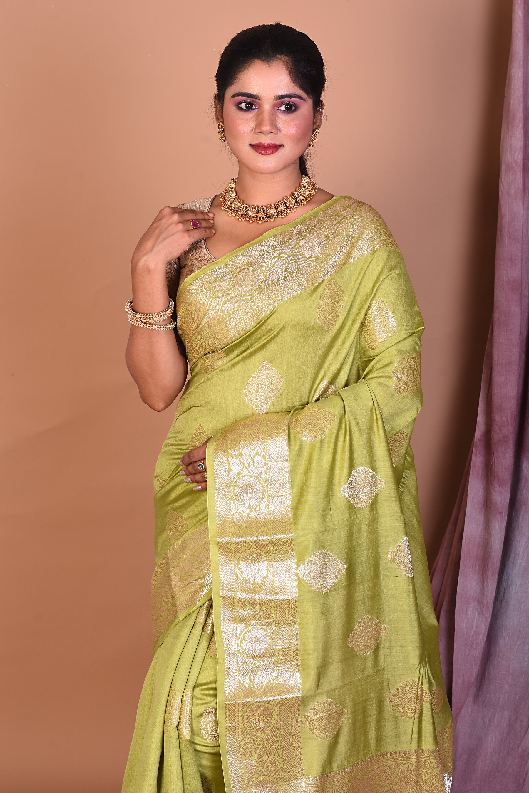 Pesta Green Pure Chiniya Silk Saree with Golden Zari - Keya Seth Exclusive