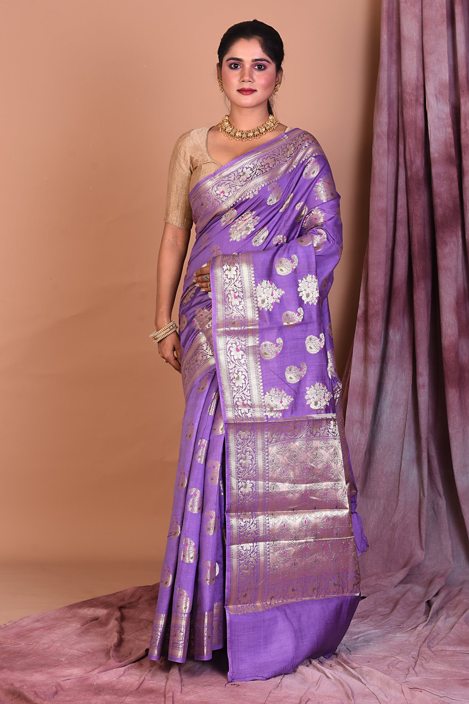 Purple Pure Chiniya Silk Saree with Golden Zari - Keya Seth Exclusive