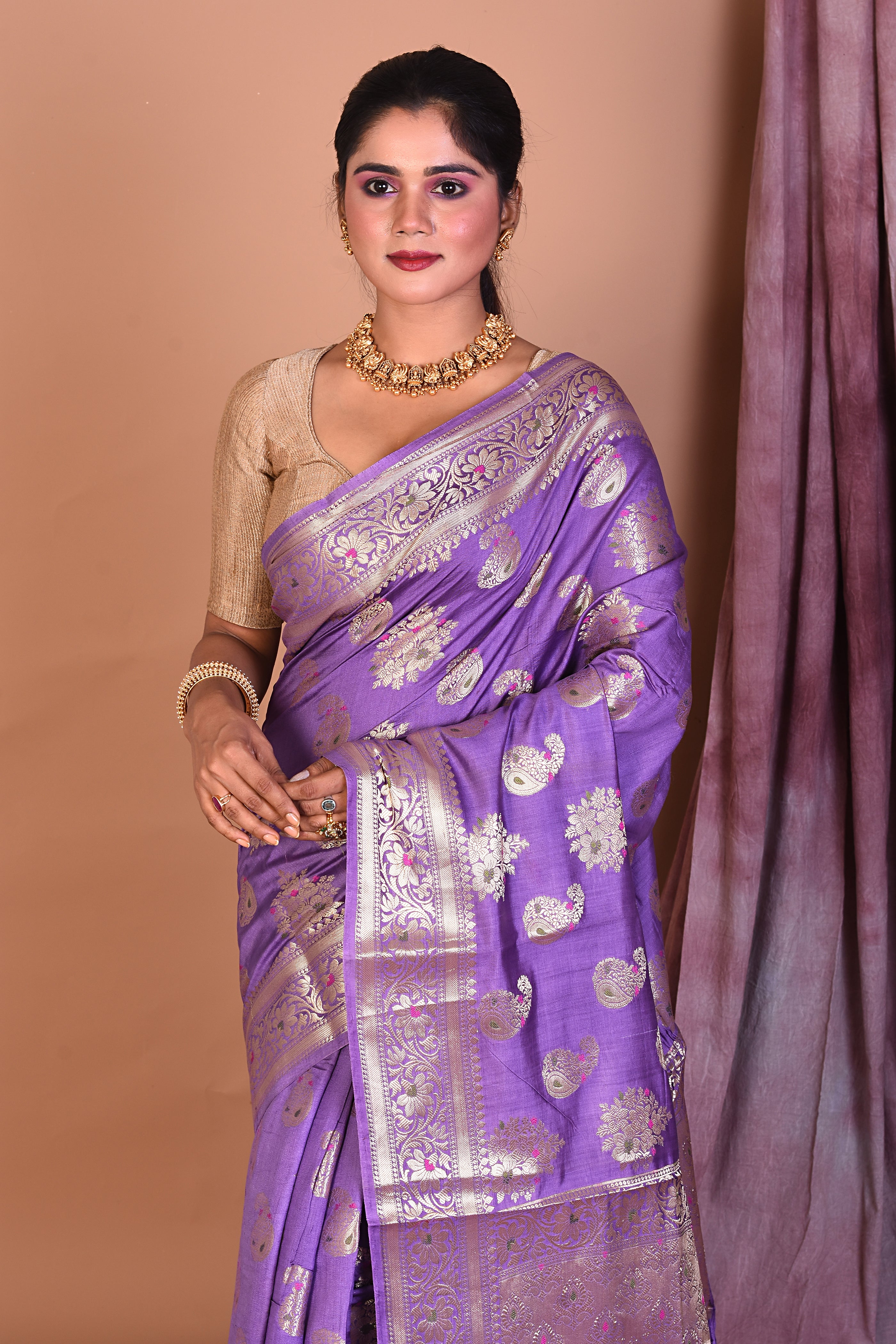 Purple Pure Chiniya Silk Saree with Golden Zari - Keya Seth Exclusive