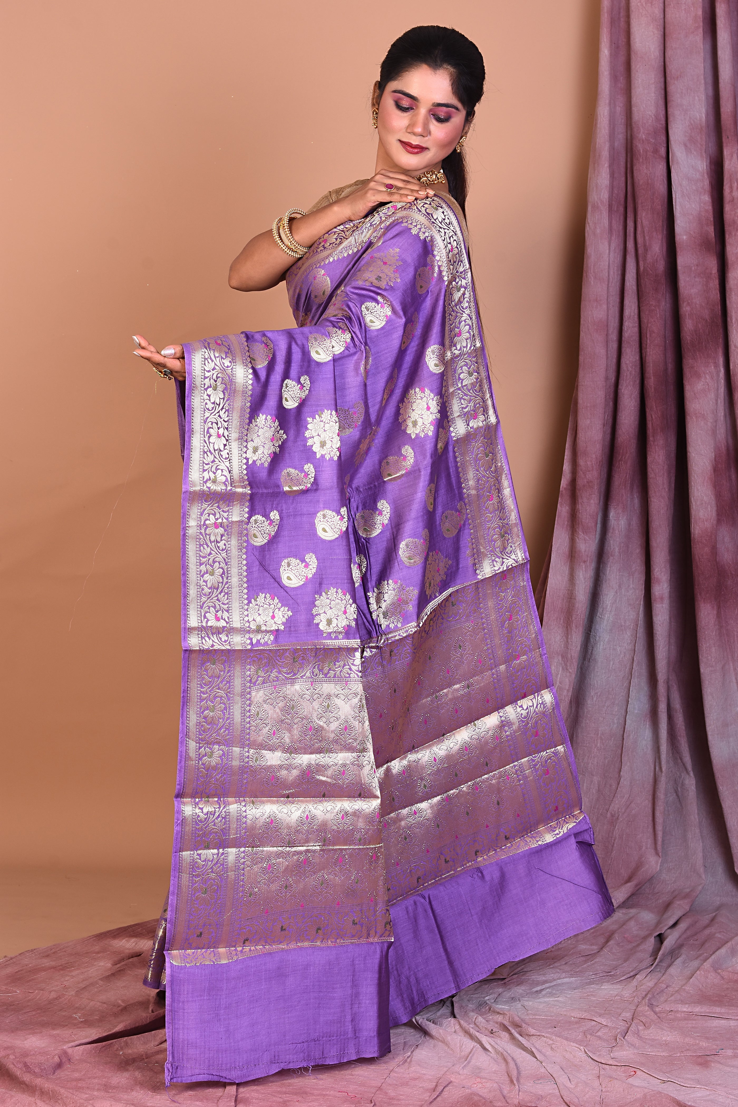 Purple Pure Chiniya Silk Saree with Golden Zari - Keya Seth Exclusive