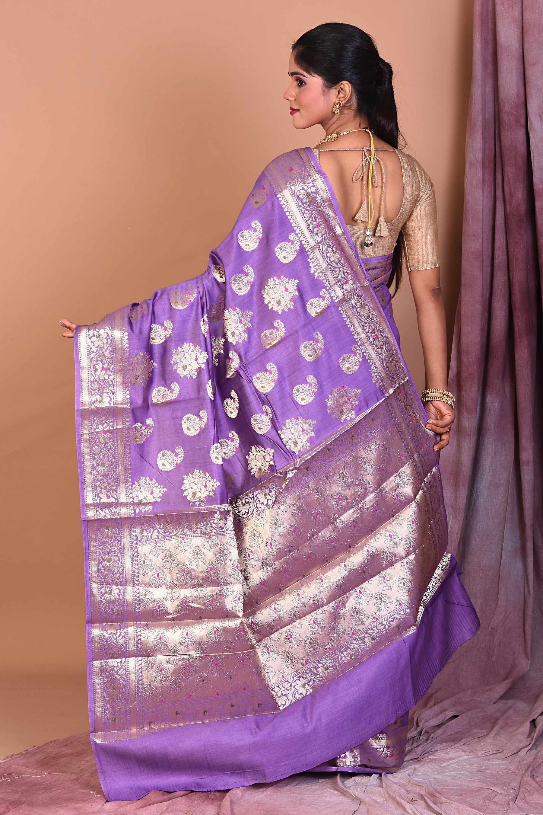 Purple Pure Chiniya Silk Saree with Golden Zari - Keya Seth Exclusive