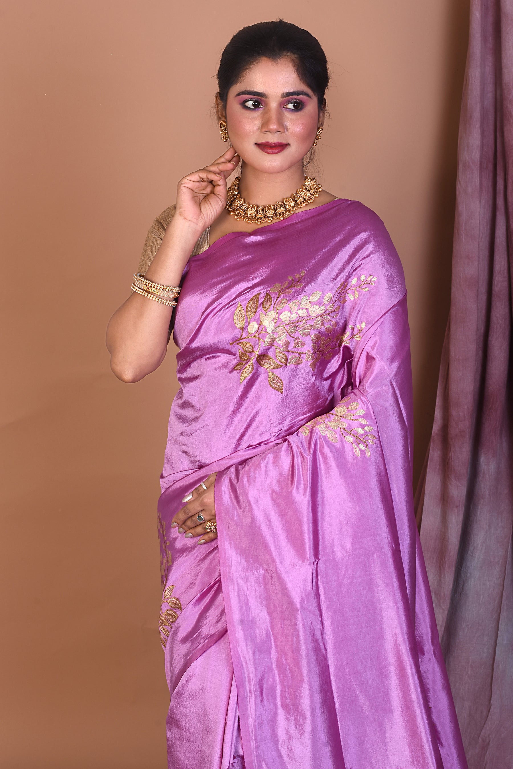 Borderless Mauve Blended Silk Saree - Keya Seth Exclusive