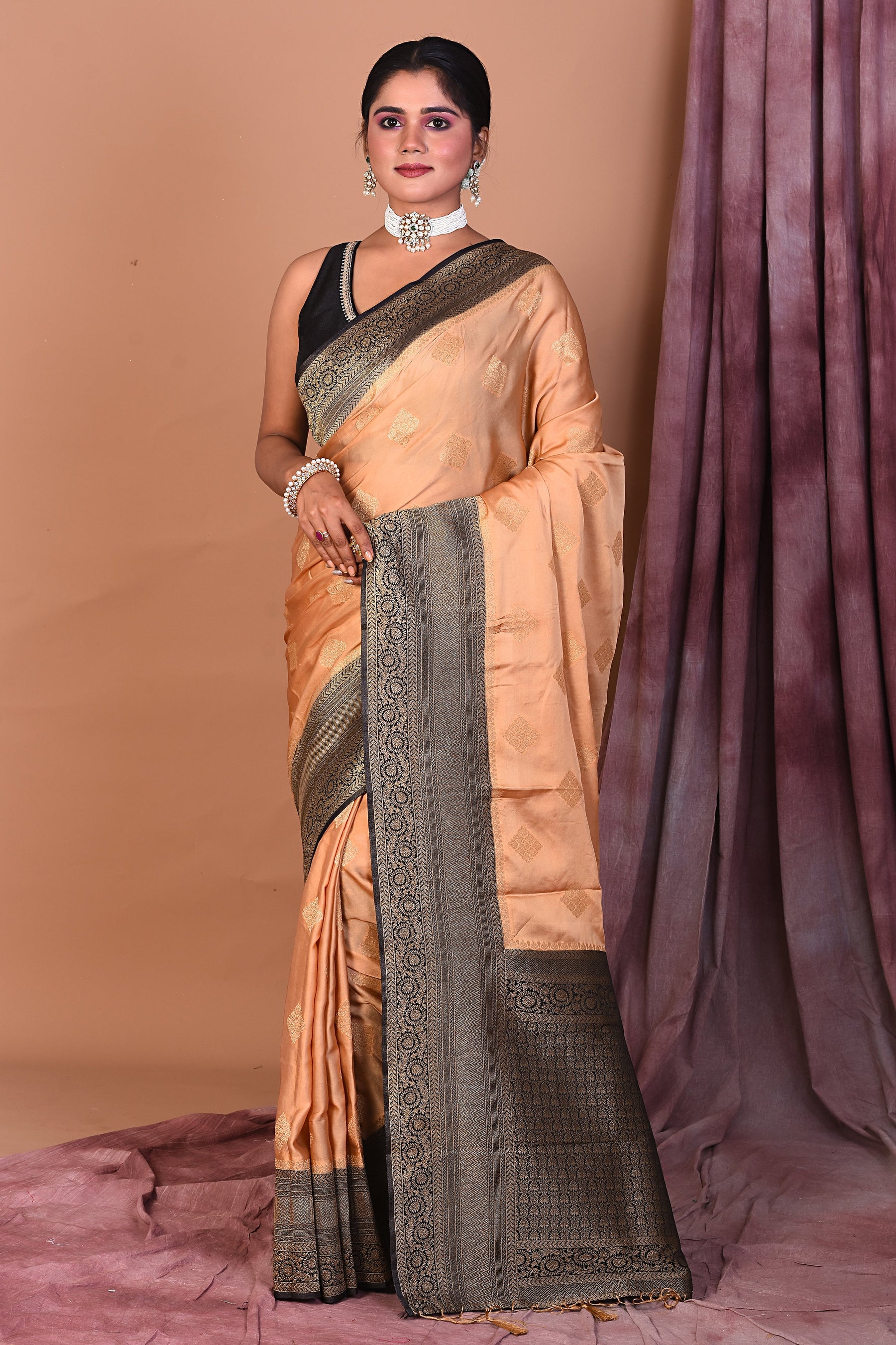 Beige Satin Silk Saree with Black Borders - Keya Seth Exclusive