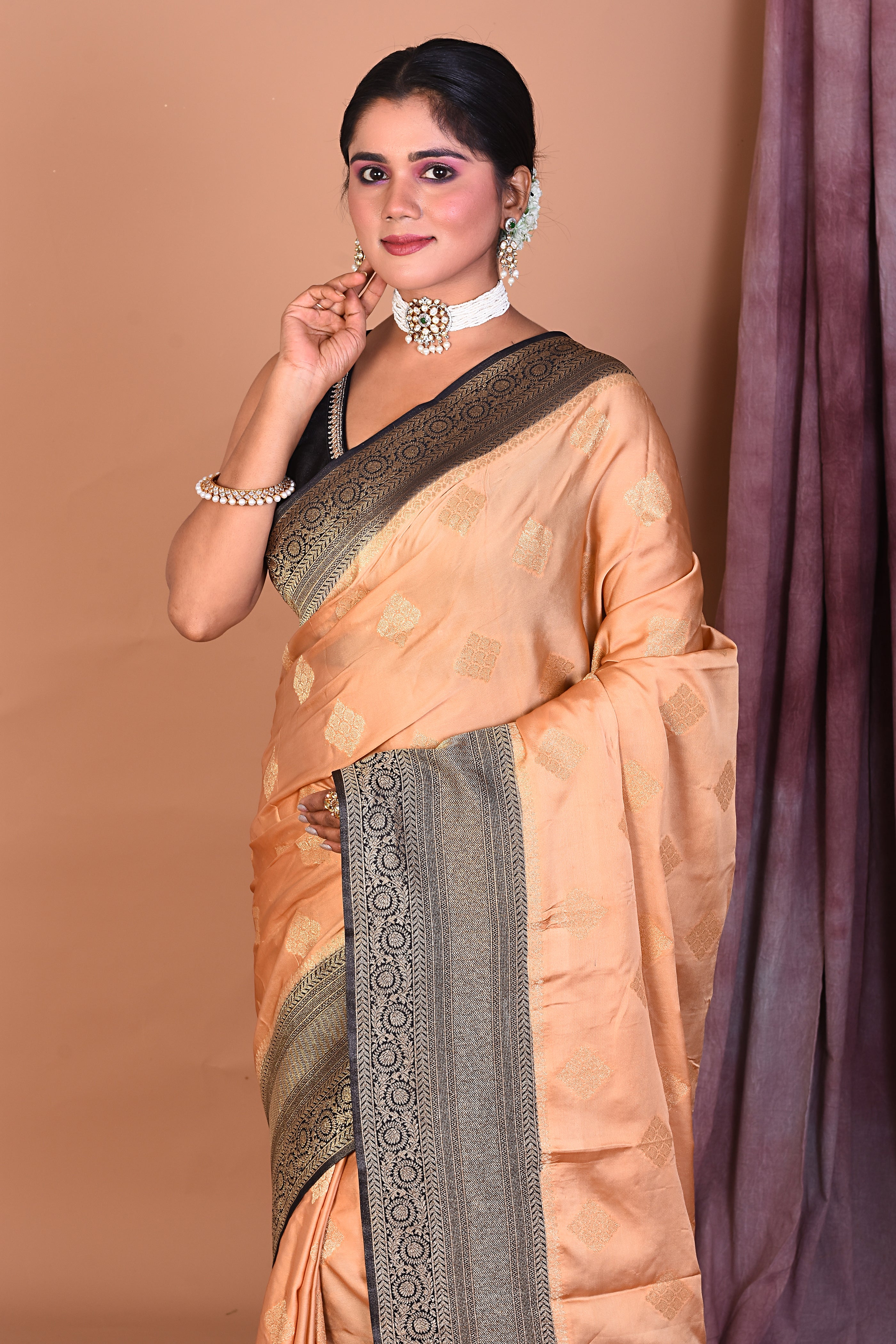 Beige Satin Silk Saree with Black Borders - Keya Seth Exclusive