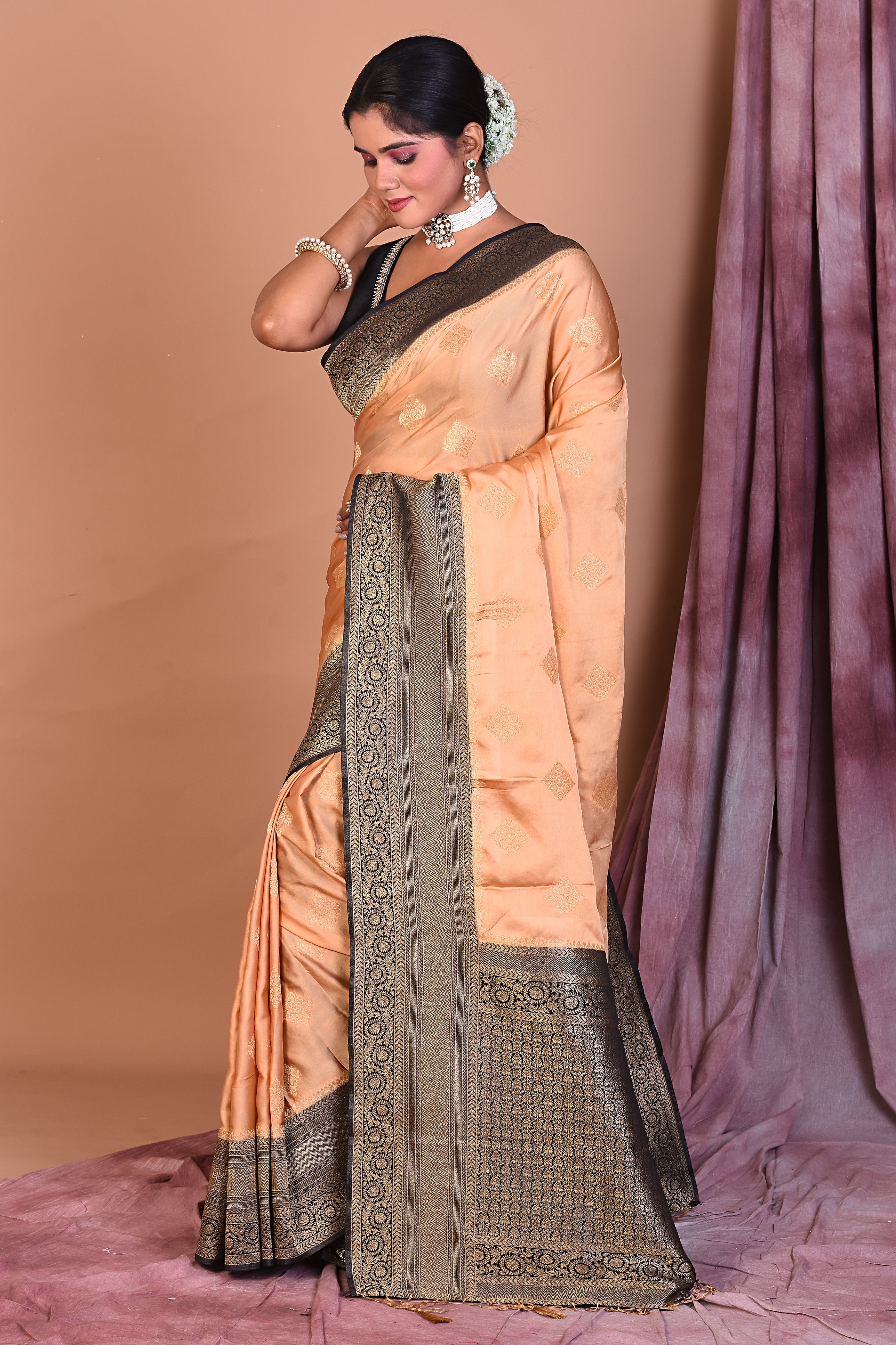 Beige Satin Silk Saree with Black Borders - Keya Seth Exclusive