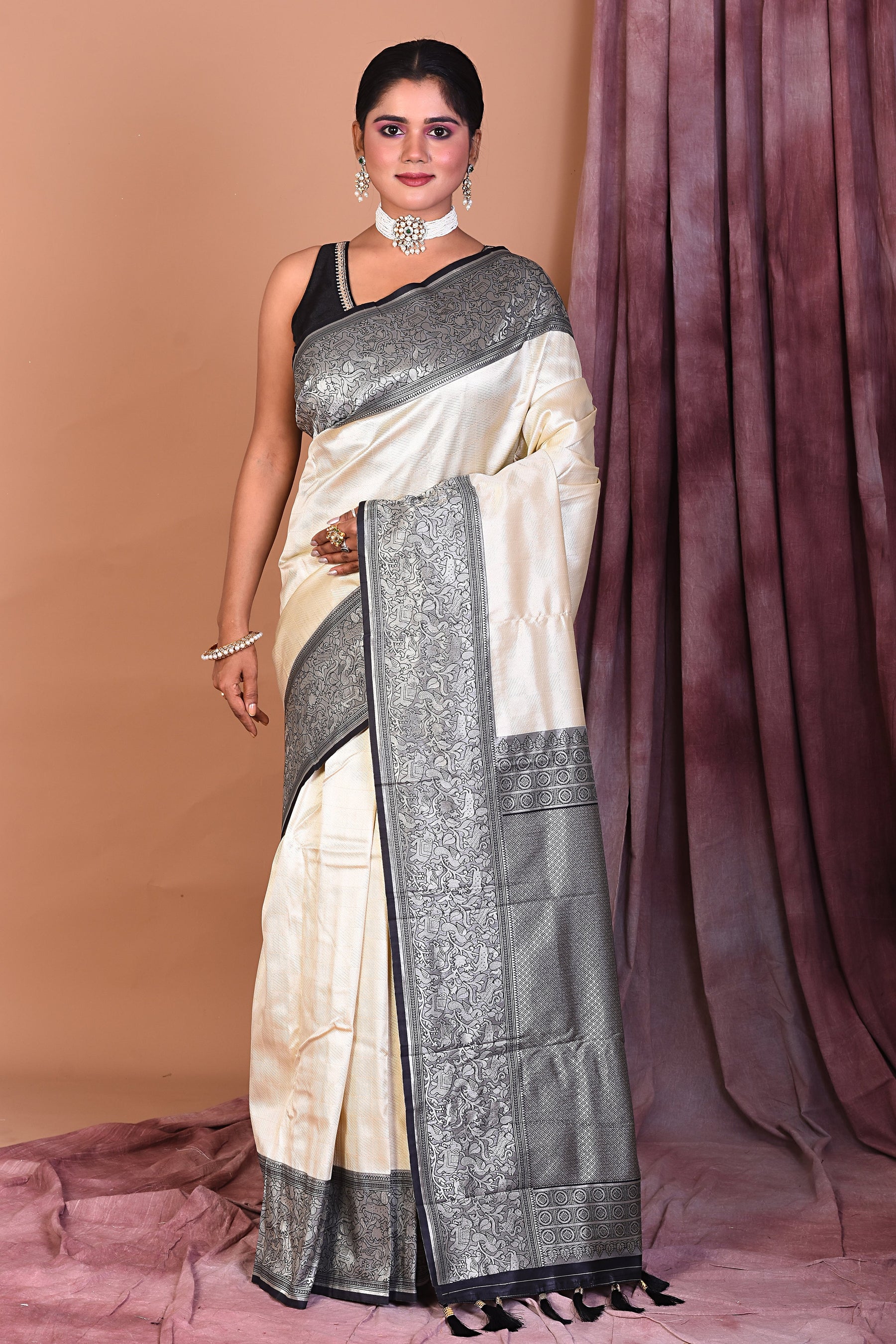 White Satin Silk Saree with Black Borders - Keya Seth Exclusive