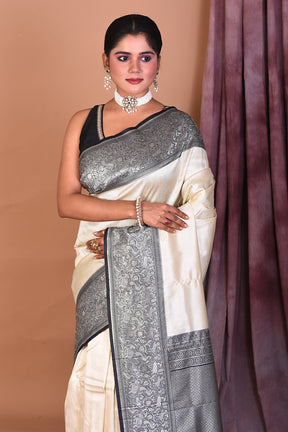 White Satin Silk Saree with Black Borders - Keya Seth Exclusive