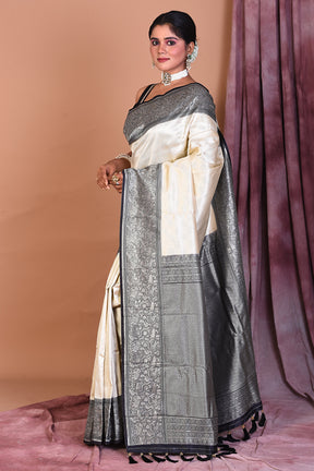 White Satin Silk Saree with Black Borders - Keya Seth Exclusive