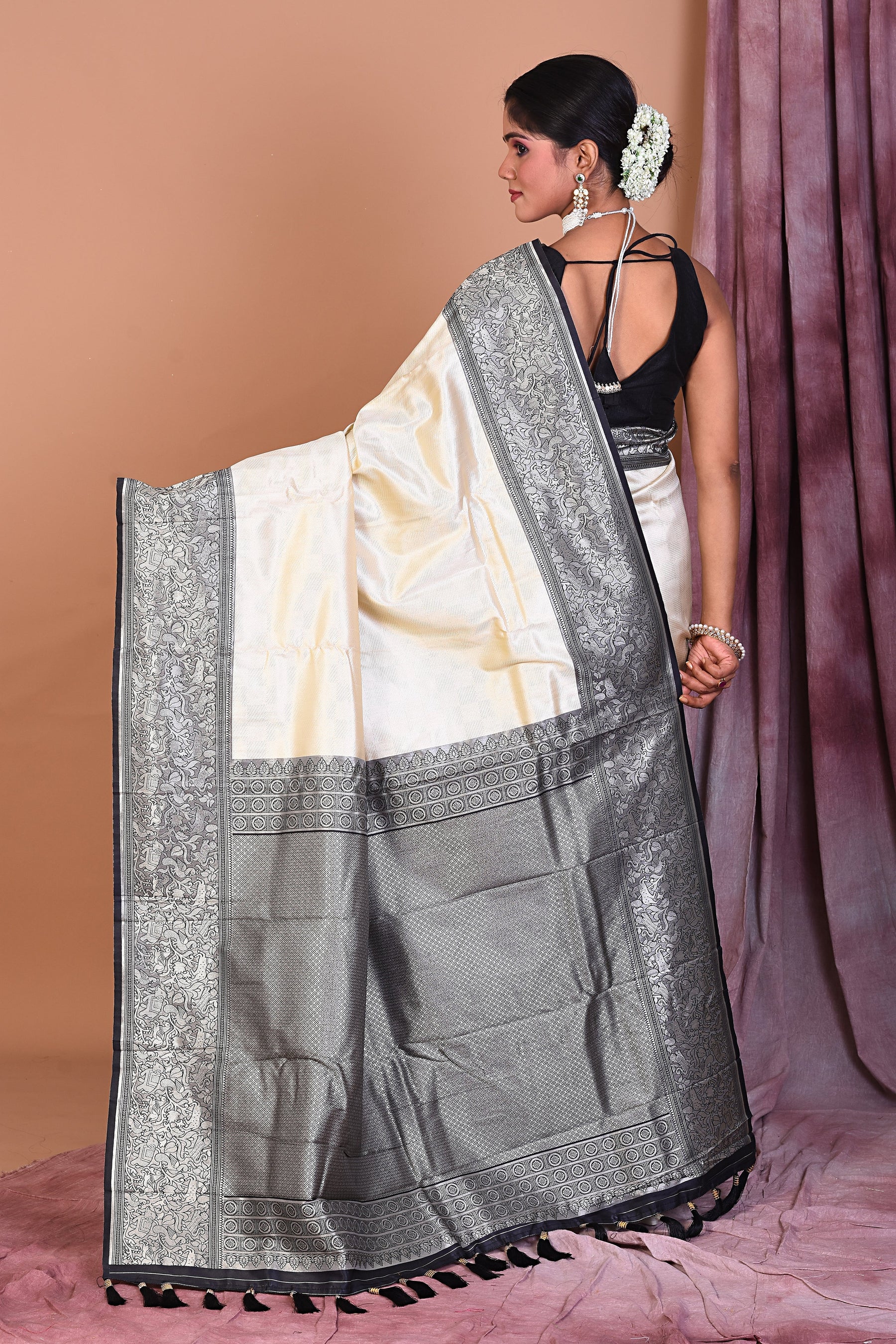 White Satin Silk Saree with Black Borders - Keya Seth Exclusive