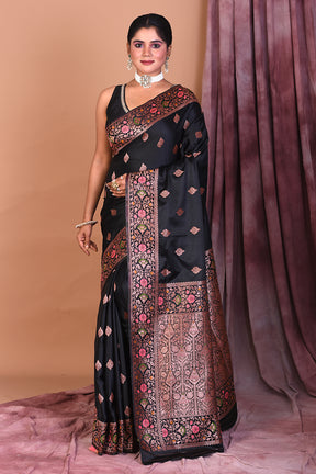 Black Blended Katan Saree with Floral Work - Keya Seth Exclusive