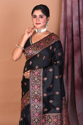 Black Blended Katan Saree with Floral Work - Keya Seth Exclusive