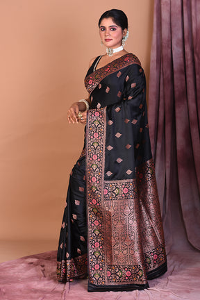 Black Blended Katan Saree with Floral Work - Keya Seth Exclusive