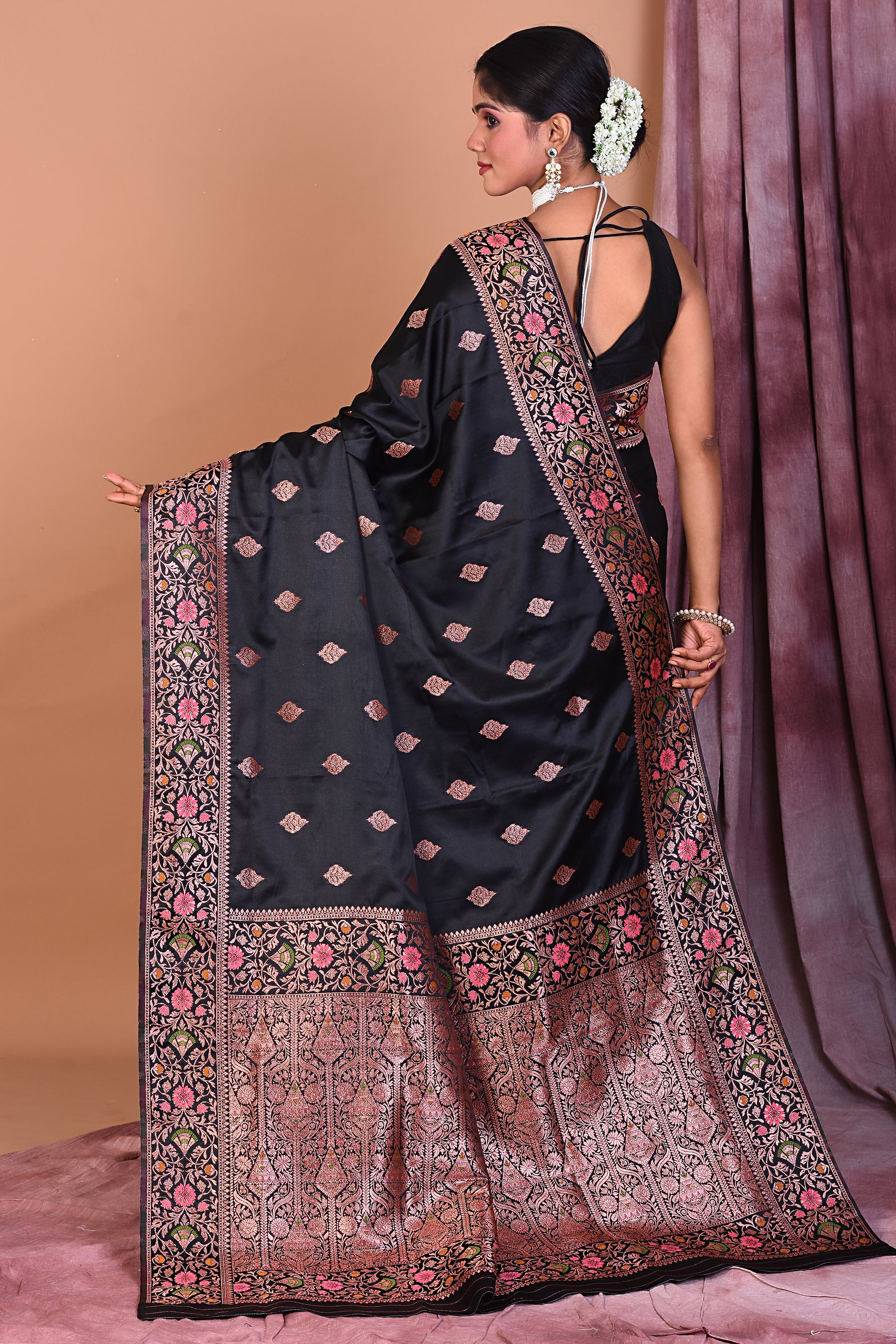 Black Blended Katan Saree with Floral Work - Keya Seth Exclusive