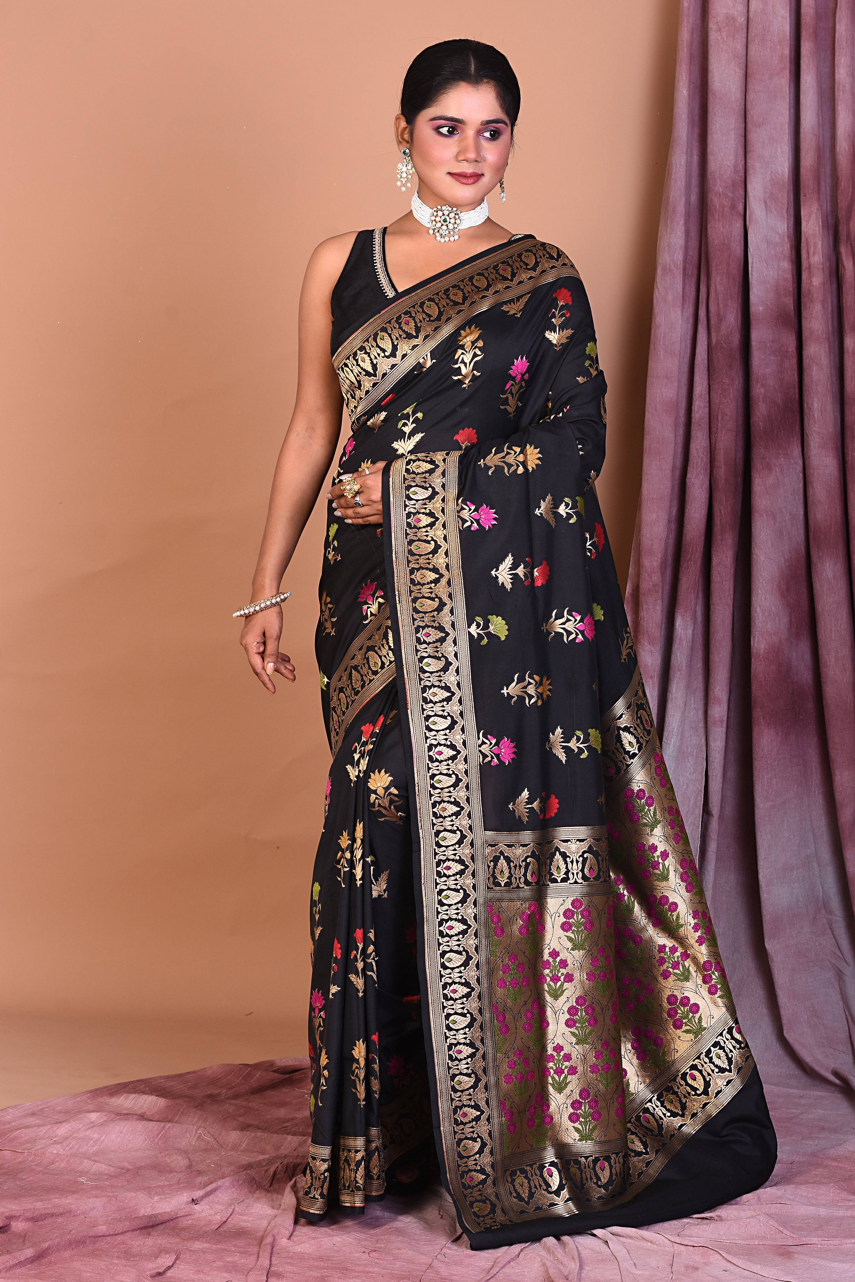 Black Semi Katan Saree with Floral Work - Keya Seth Exclusive