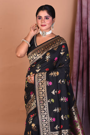 Black Semi Katan Saree with Floral Work - Keya Seth Exclusive