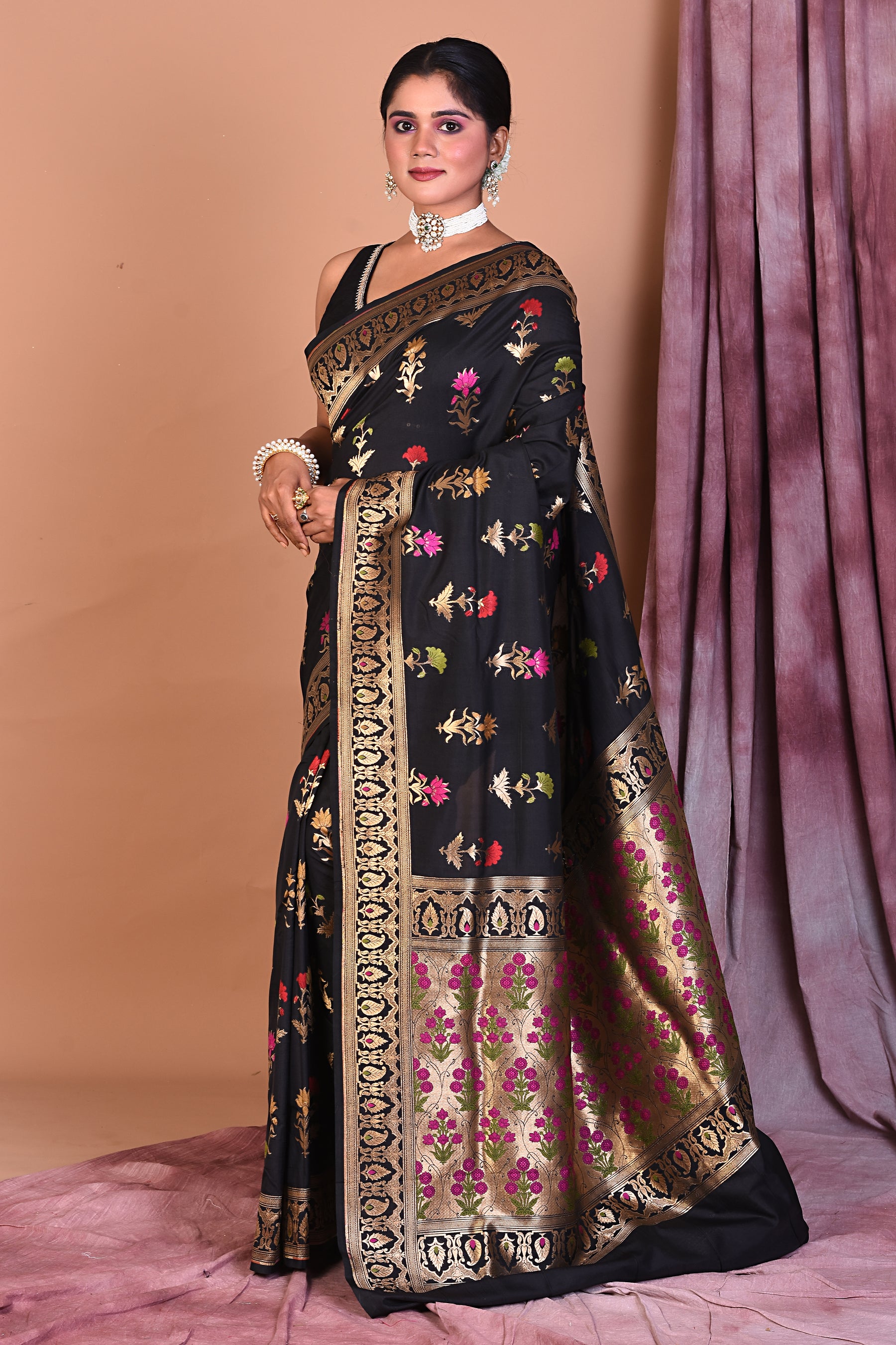 Black Semi Katan Saree with Floral Work - Keya Seth Exclusive