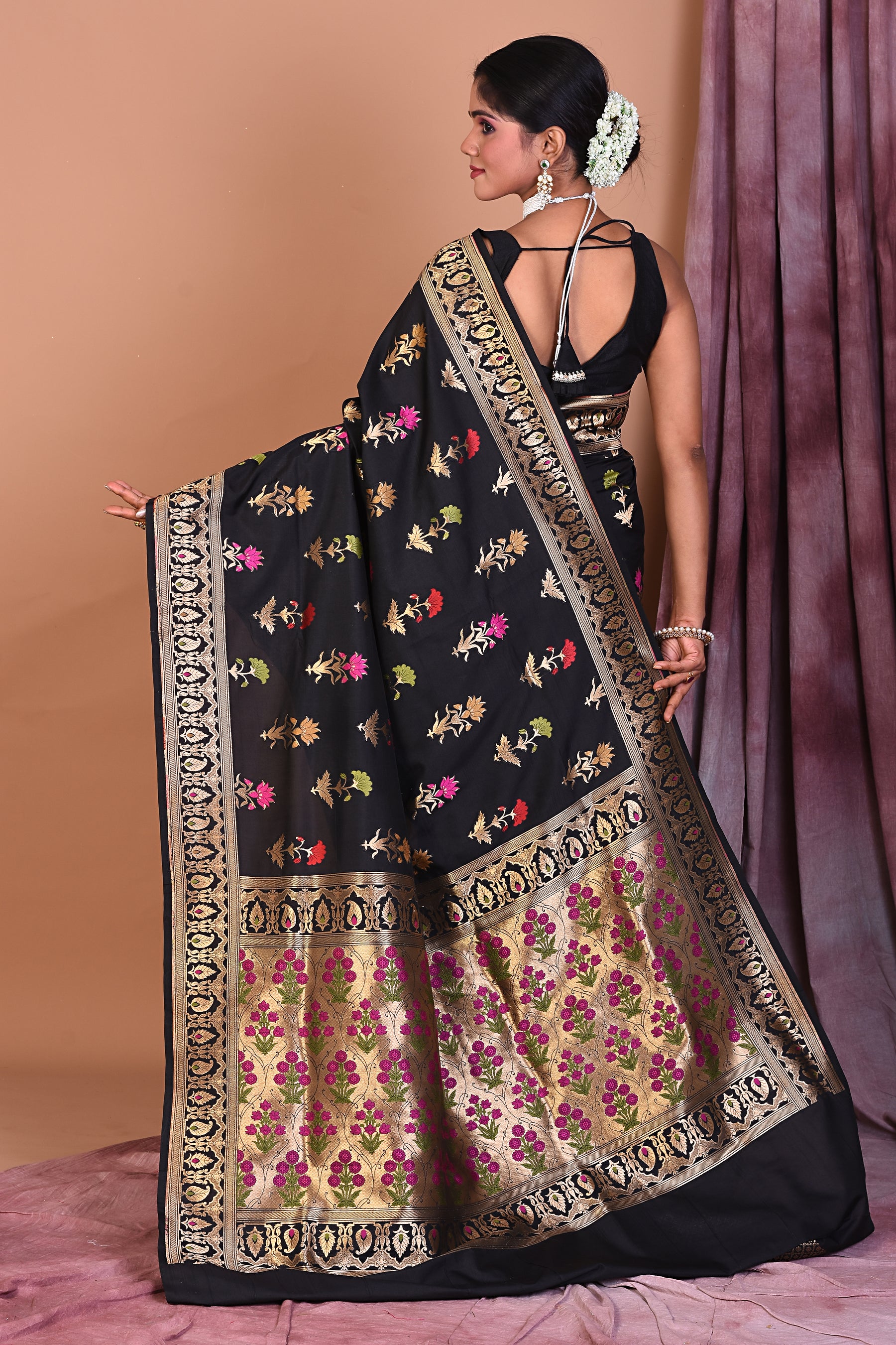 Black Semi Katan Saree with Floral Work - Keya Seth Exclusive