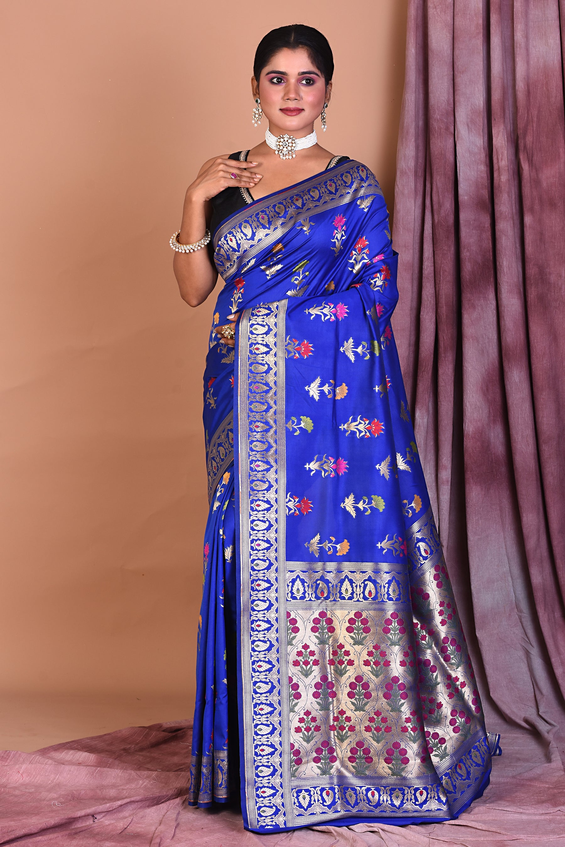 Royal Blue Semi Katan Saree with Floral Work - Keya Seth Exclusive