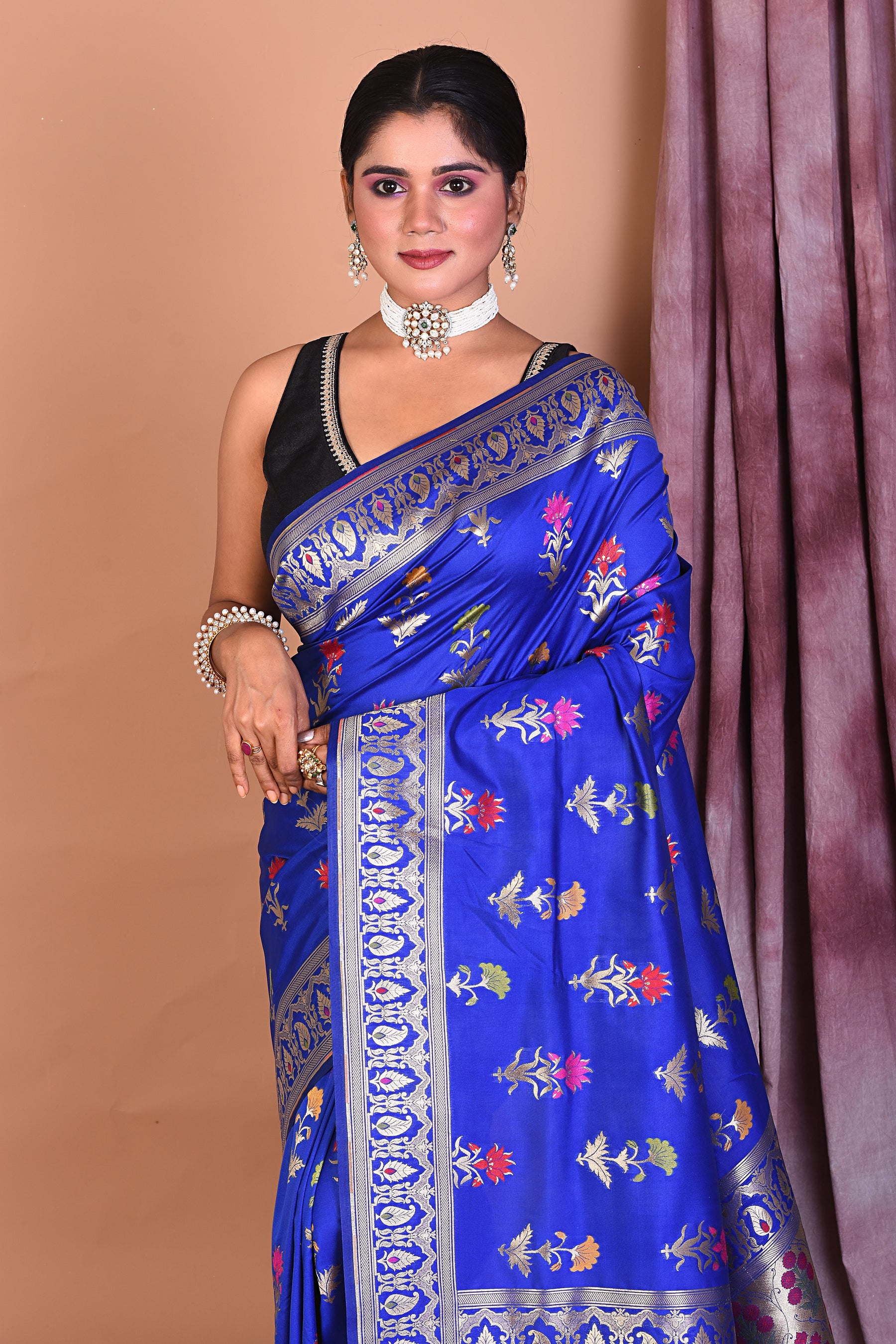 Royal Blue Semi Katan Saree with Floral Work - Keya Seth Exclusive