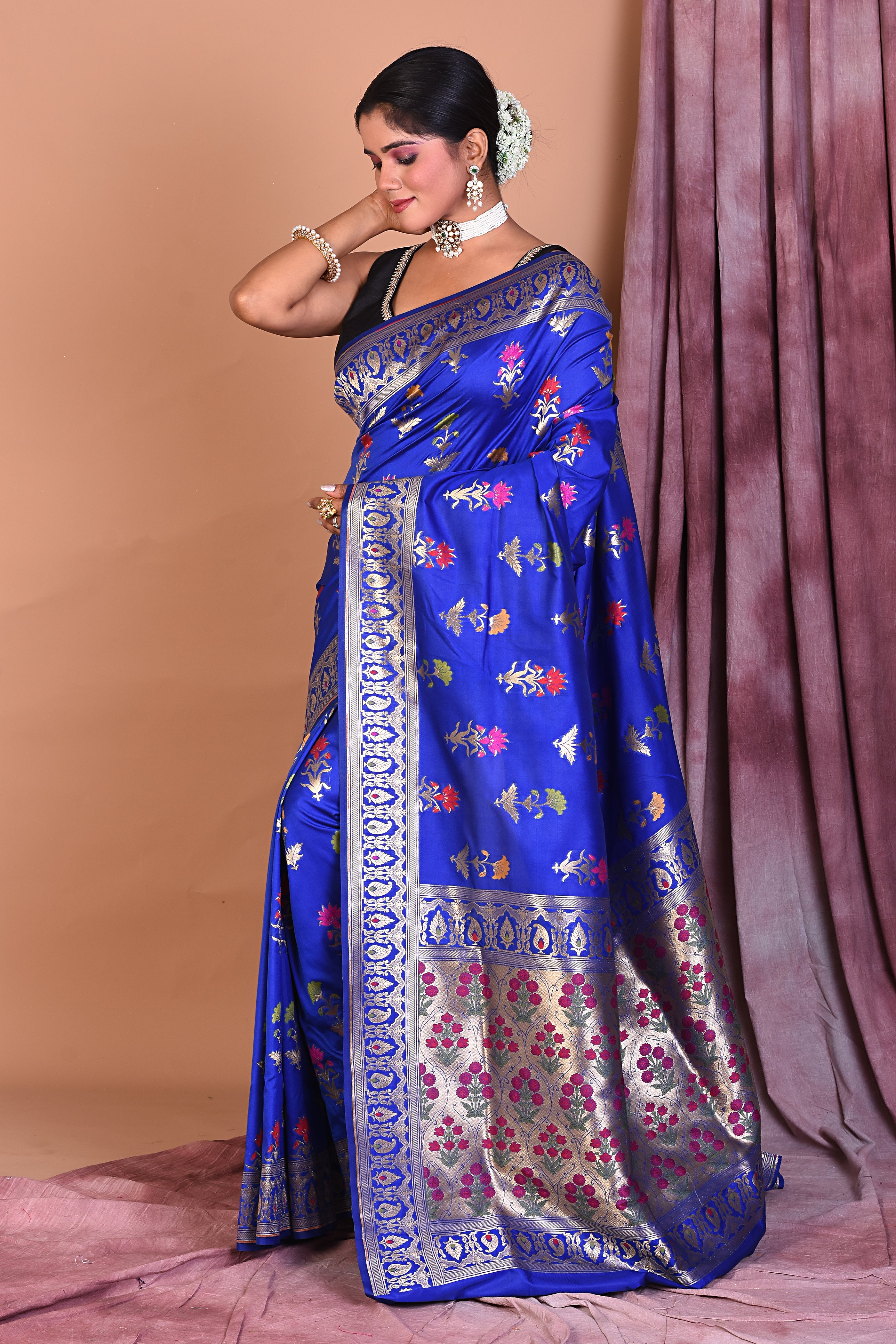 Royal Blue Semi Katan Saree with Floral Work - Keya Seth Exclusive