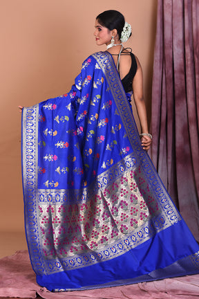 Royal Blue Semi Katan Saree with Floral Work - Keya Seth Exclusive