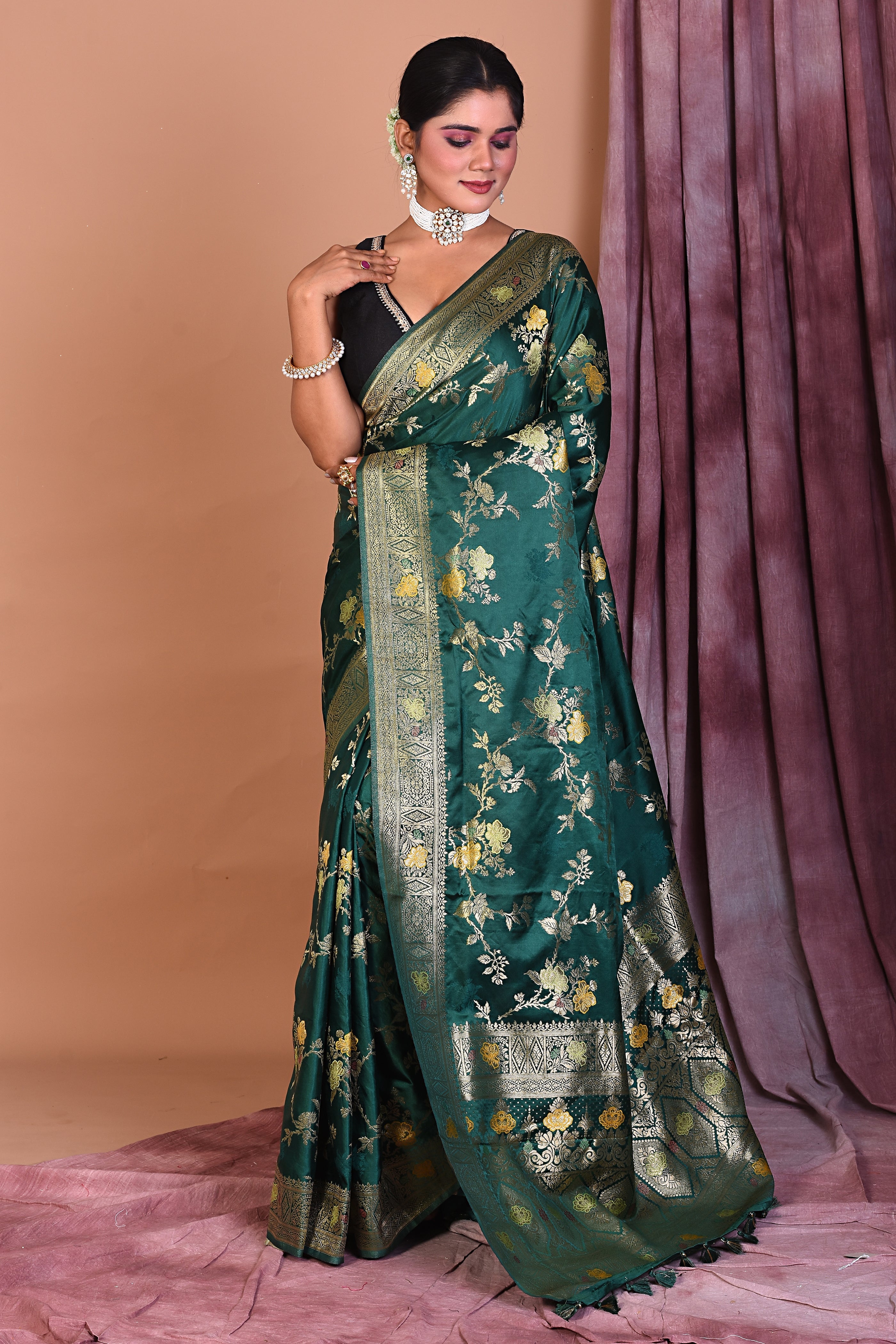 Dark Green Blended Silk Saree with Golden Zari - Keya Seth Exclusive