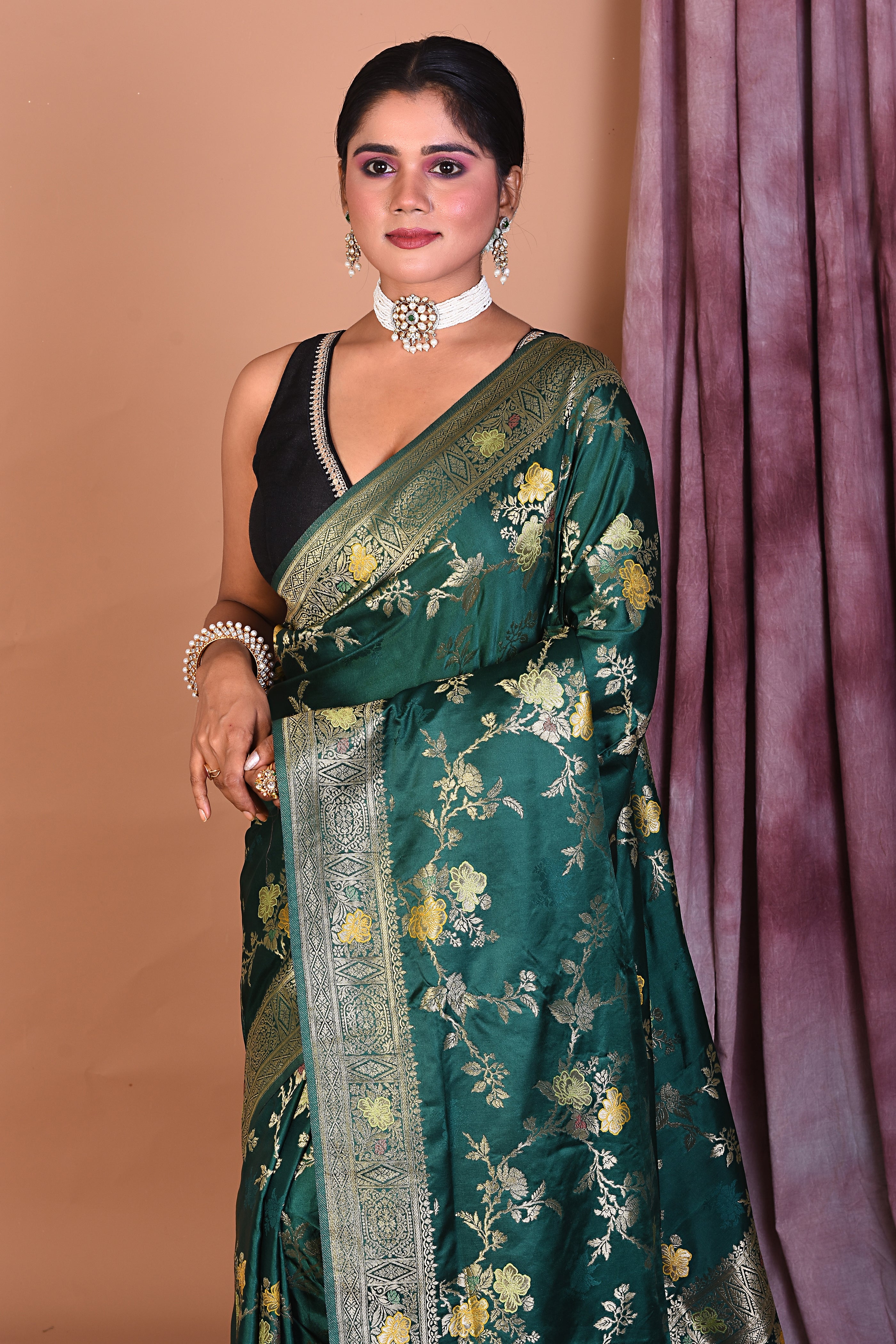 Dark Green Blended Silk Saree with Golden Zari - Keya Seth Exclusive