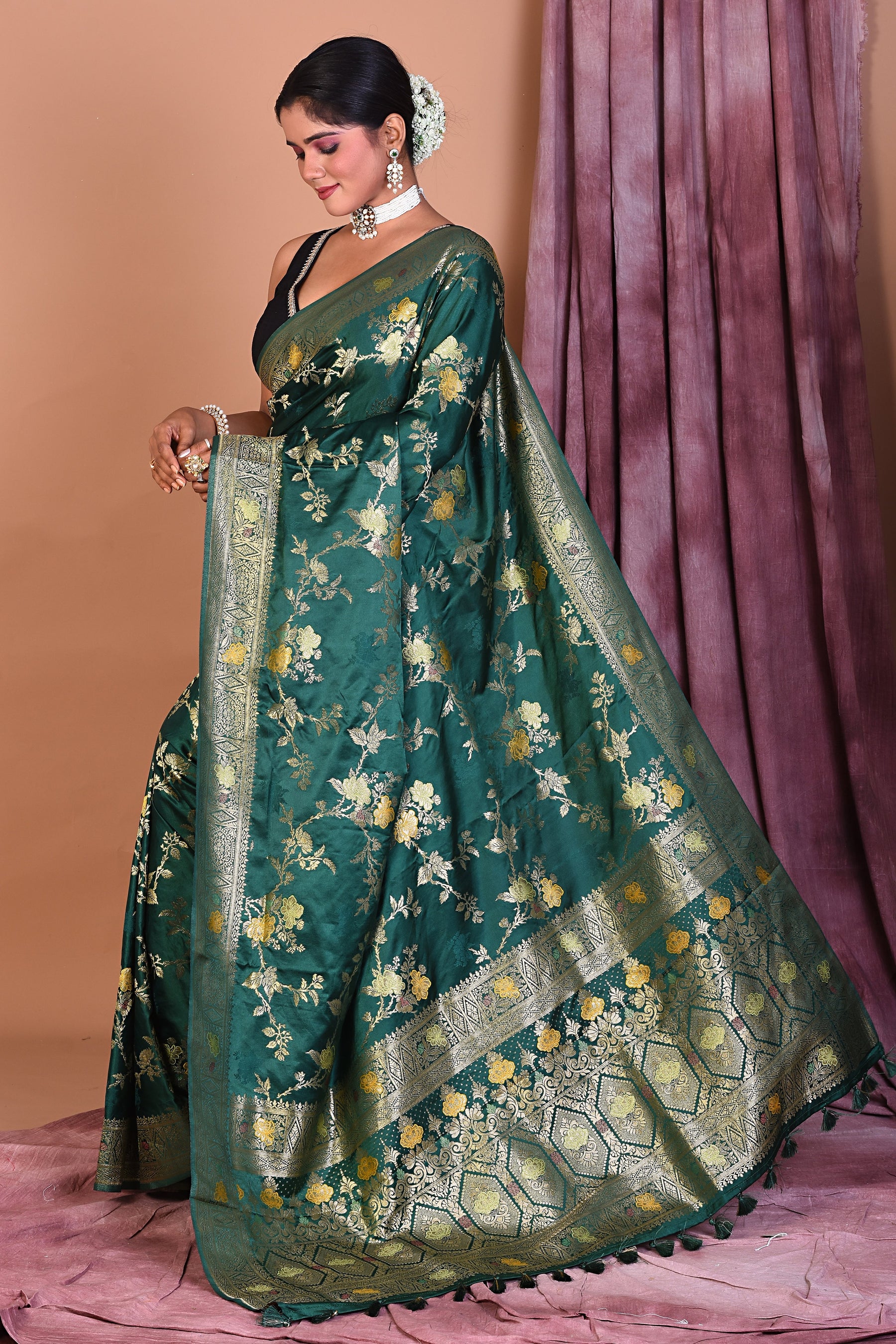 Dark Green Blended Silk Saree with Golden Zari - Keya Seth Exclusive