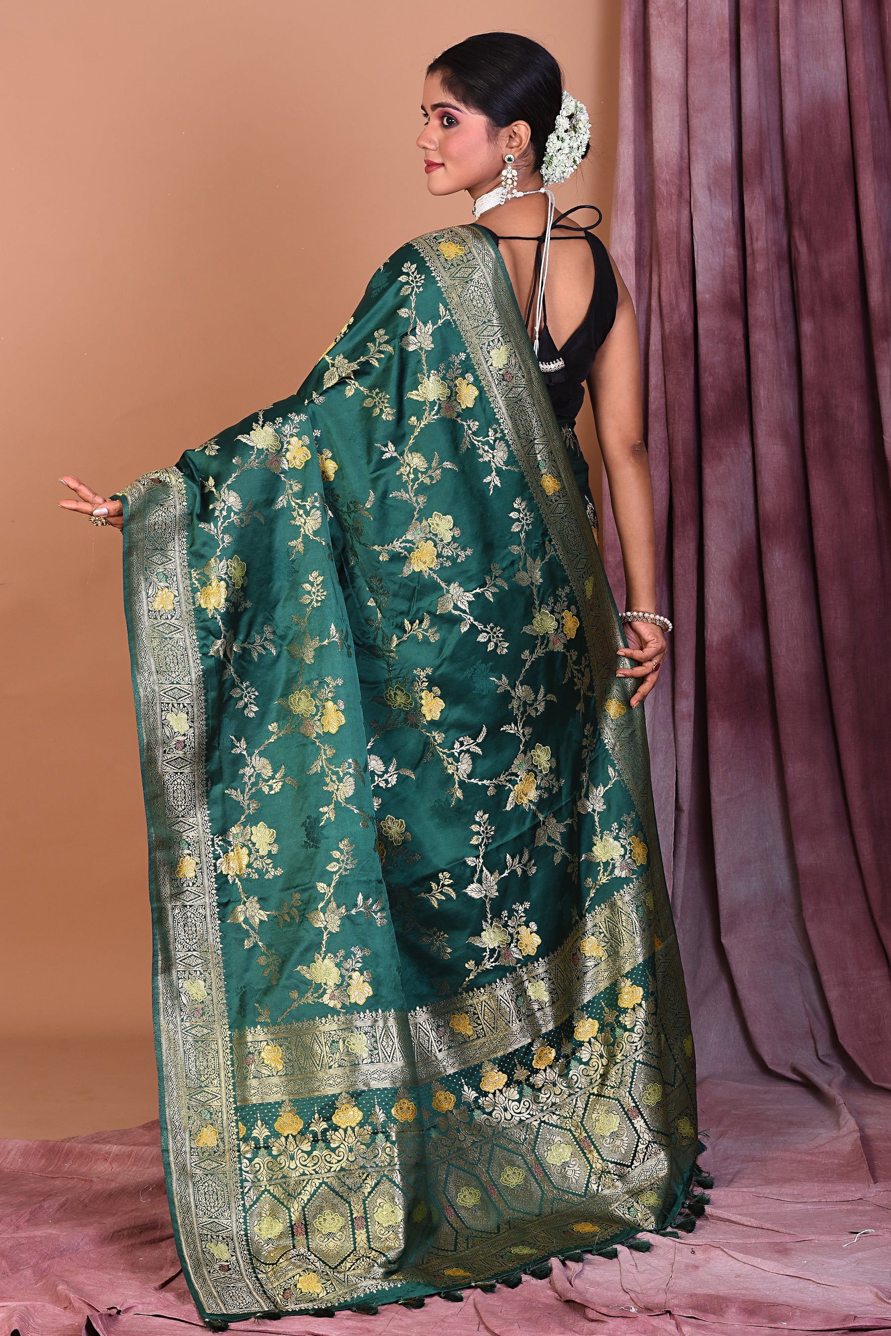 Dark Green Blended Silk Saree with Golden Zari - Keya Seth Exclusive