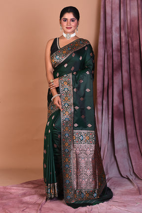 Bottle Green Blended Katan Saree with Floral Work - Keya Seth Exclusive