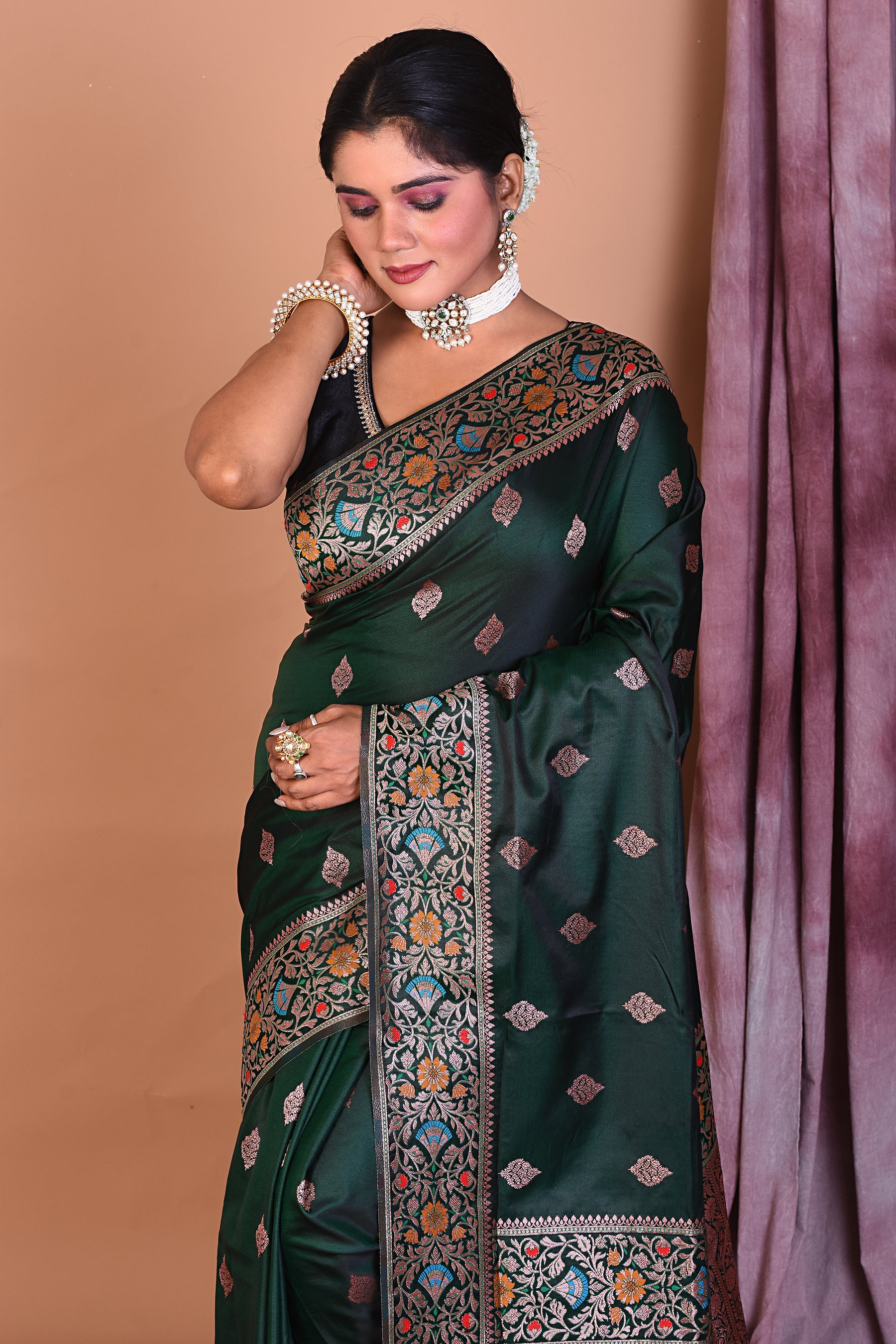 Bottle Green Blended Katan Saree with Floral Work - Keya Seth Exclusive