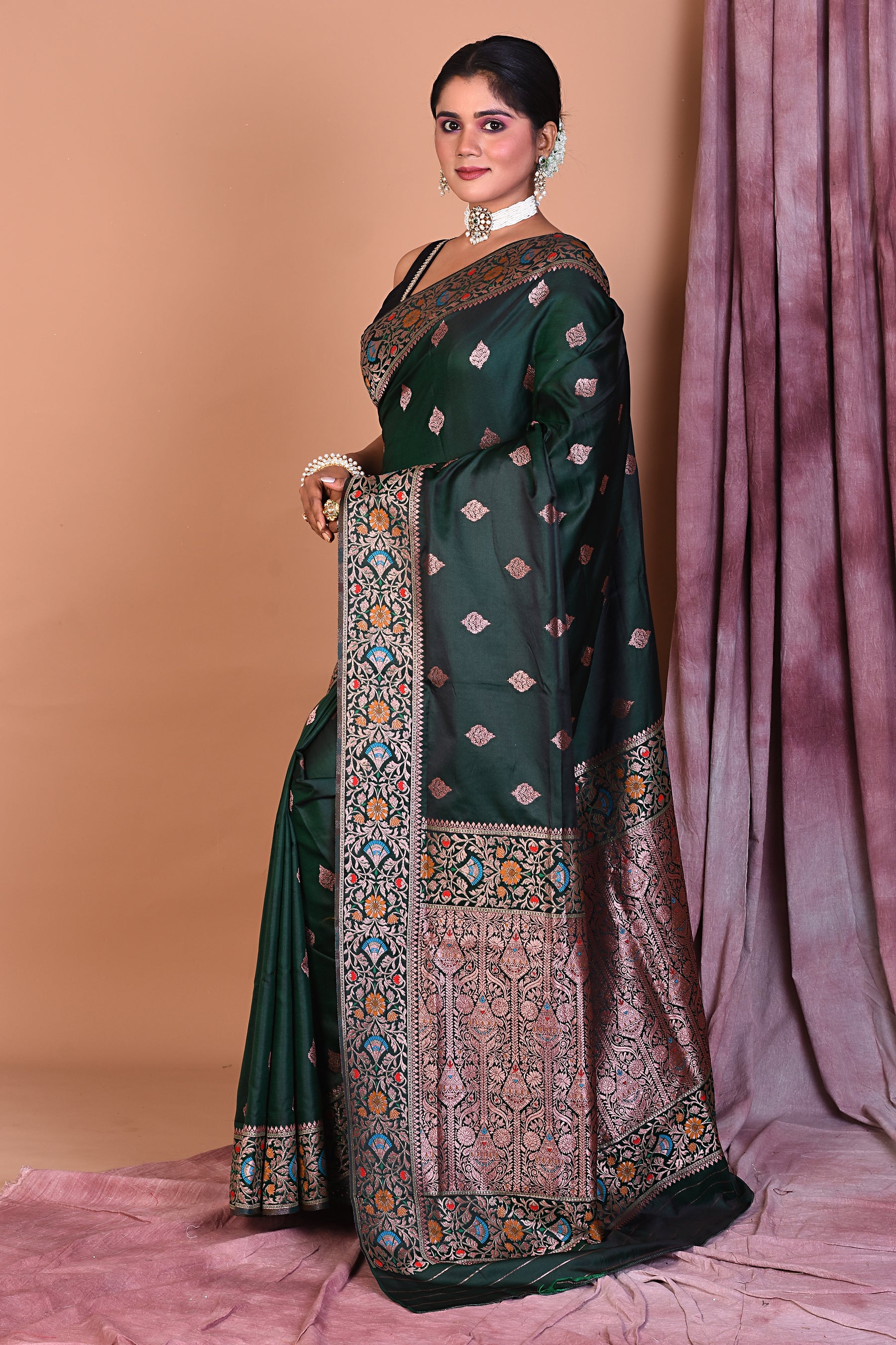 Bottle Green Blended Katan Saree with Floral Work - Keya Seth Exclusive