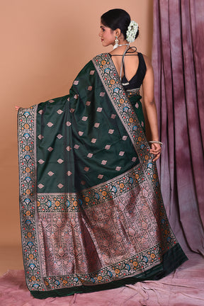 Bottle Green Blended Katan Saree with Floral Work - Keya Seth Exclusive