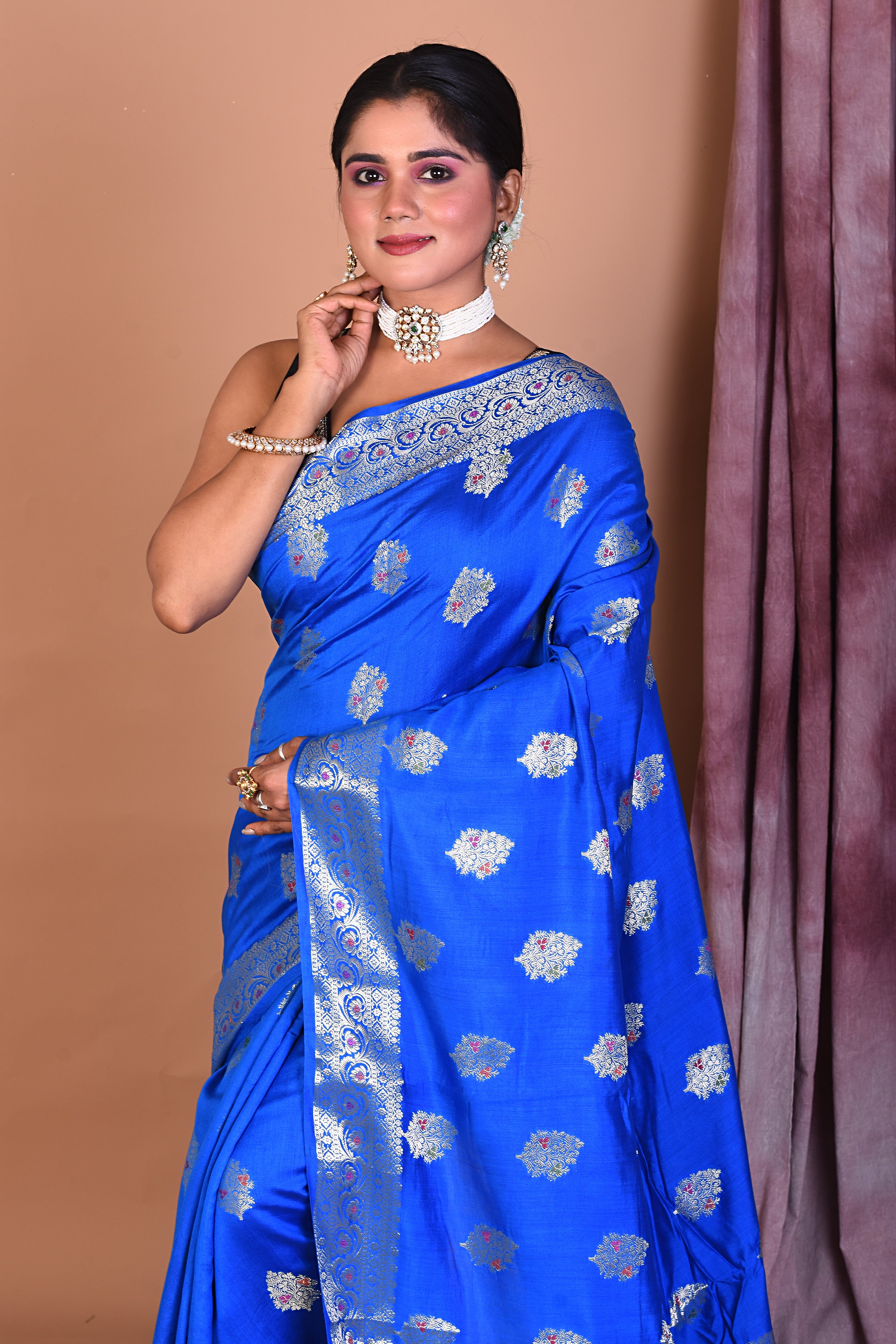 Royal Blue Pure Chiniya Silk Saree with Golden Zari - Keya Seth Exclusive