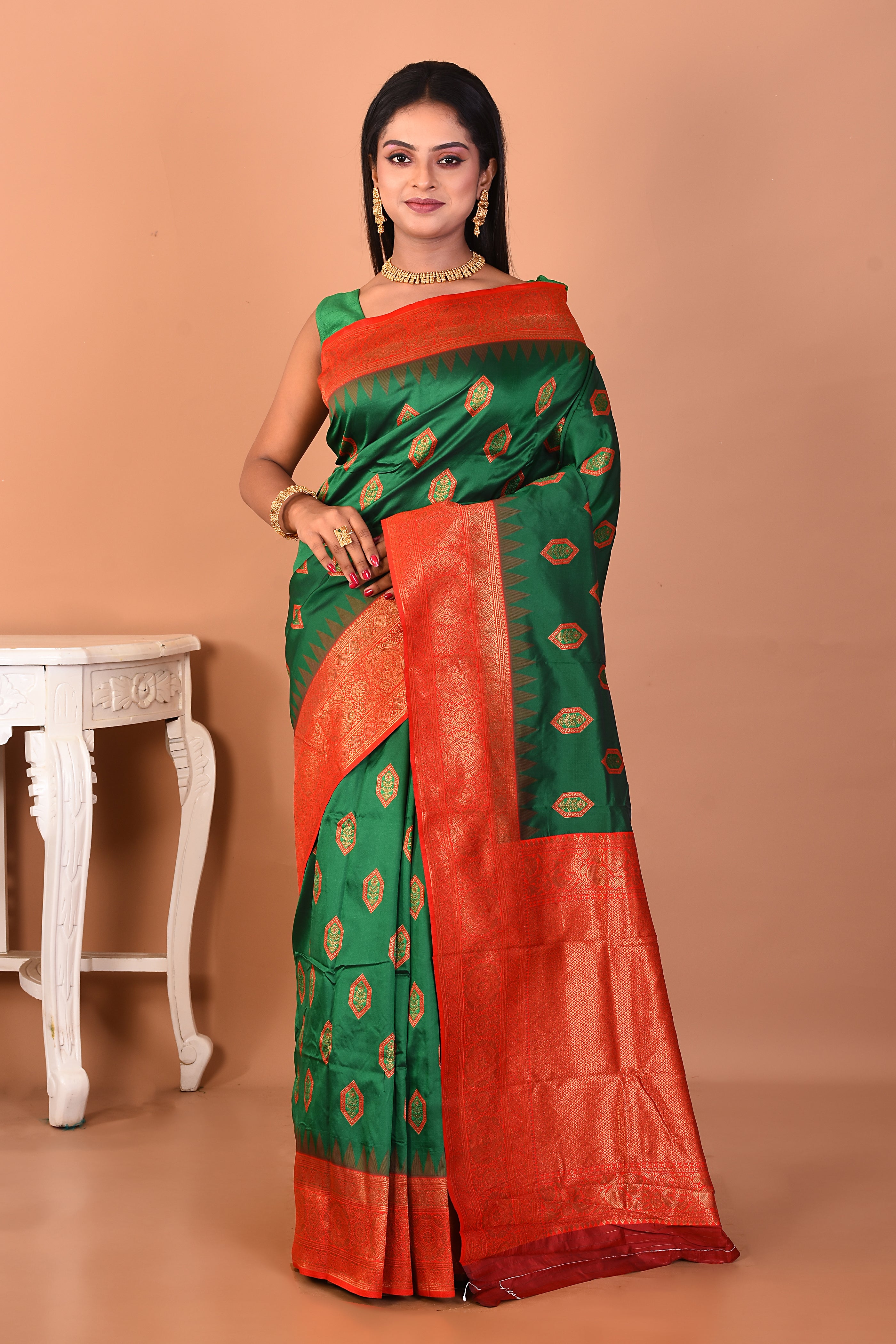 Bottle Green Blended Katan Silk Saree - Keya Seth Exclusive