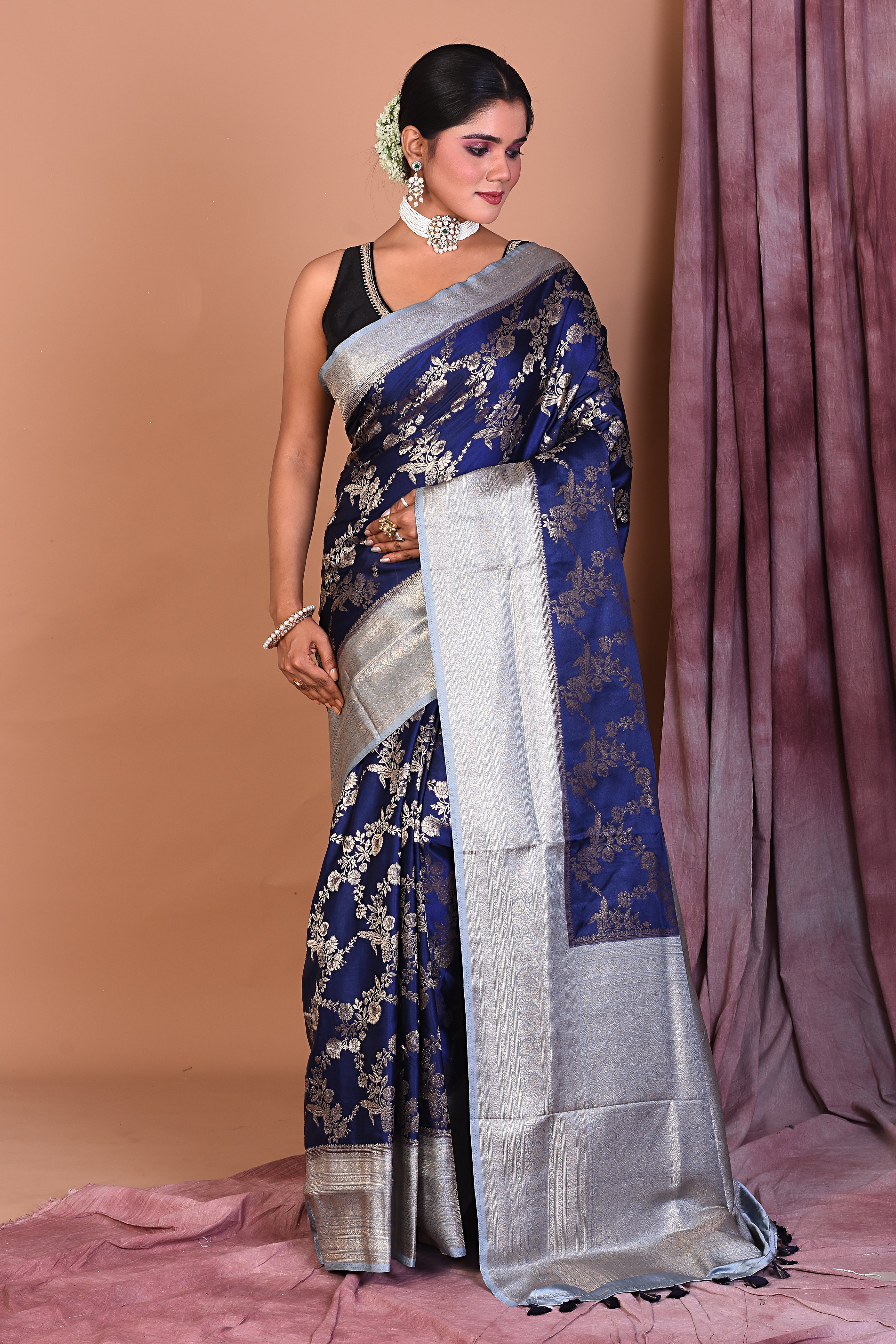 Navy Blue Satin Silk Saree with Golden Zari - Keya Seth Exclusive