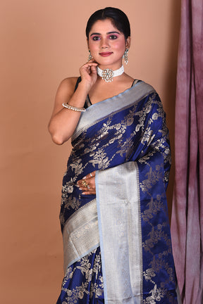 Navy Blue Satin Silk Saree with Golden Zari - Keya Seth Exclusive