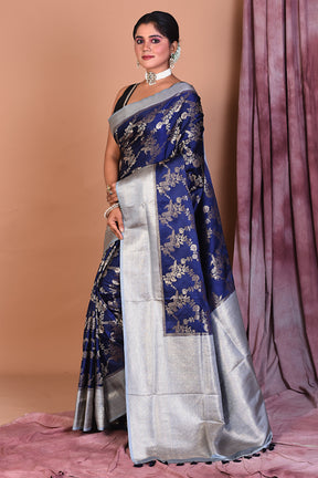 Navy Blue Satin Silk Saree with Golden Zari - Keya Seth Exclusive