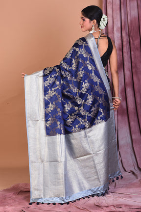 Navy Blue Satin Silk Saree with Golden Zari - Keya Seth Exclusive