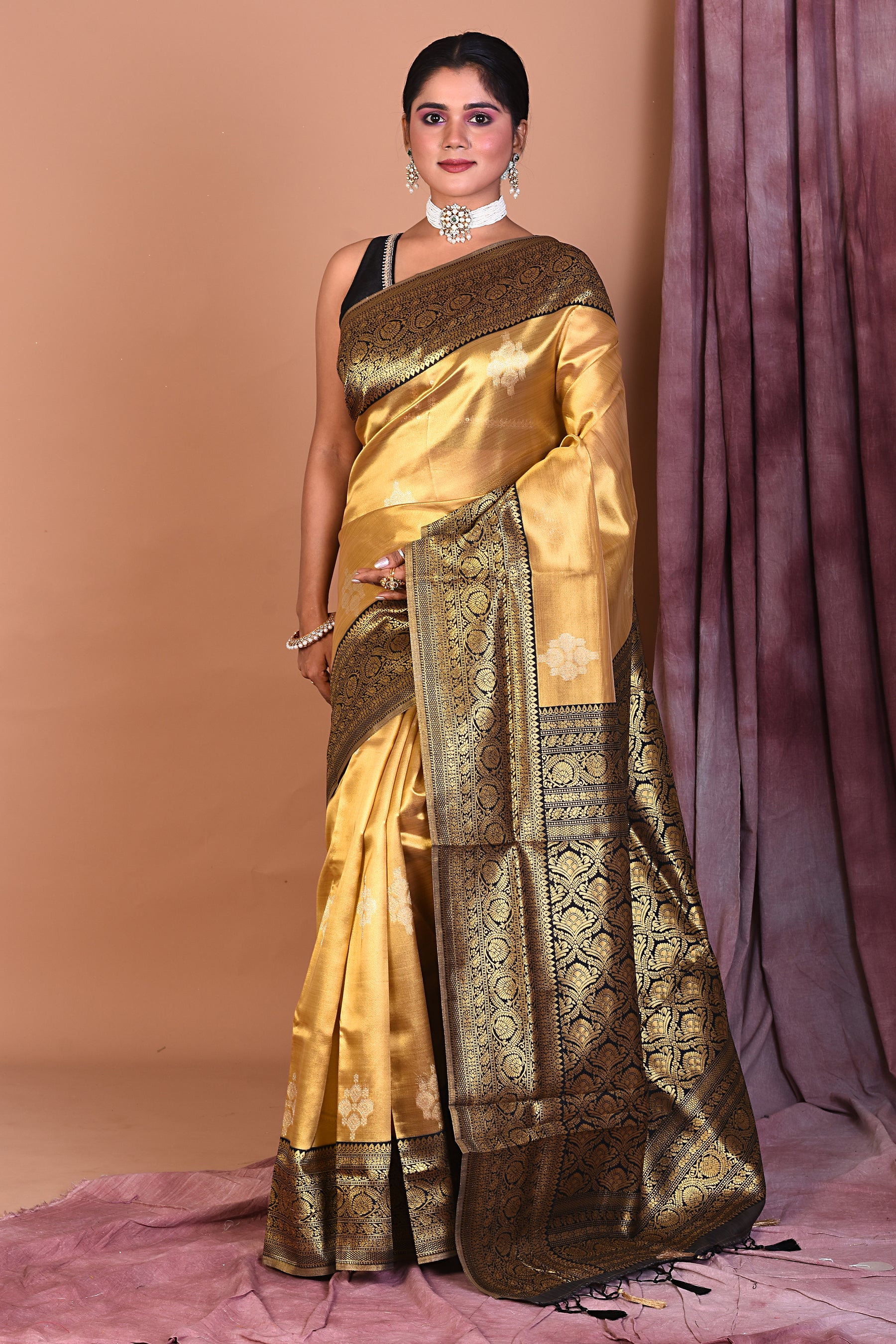 Golden Blended Organza Saree with Black Border - Keya Seth Exclusive