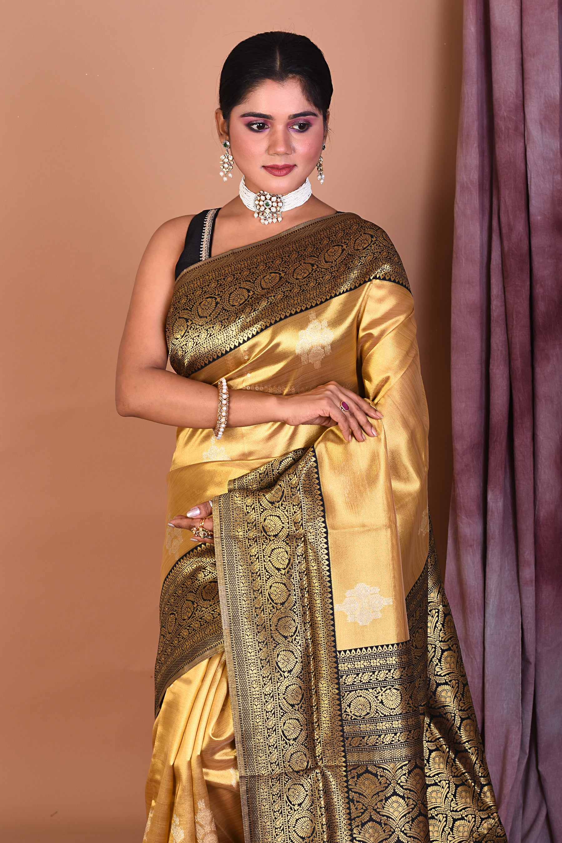 Golden Blended Organza Saree with Black Border - Keya Seth Exclusive