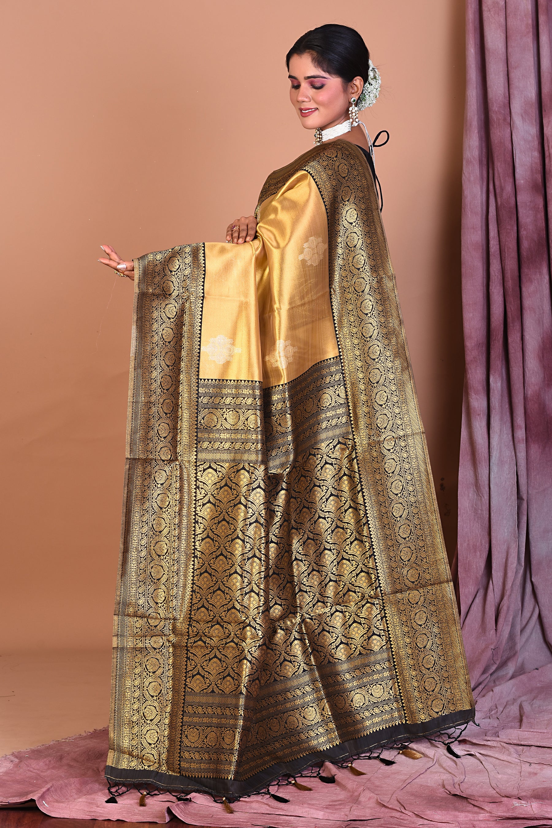 Golden Blended Organza Saree with Black Border - Keya Seth Exclusive