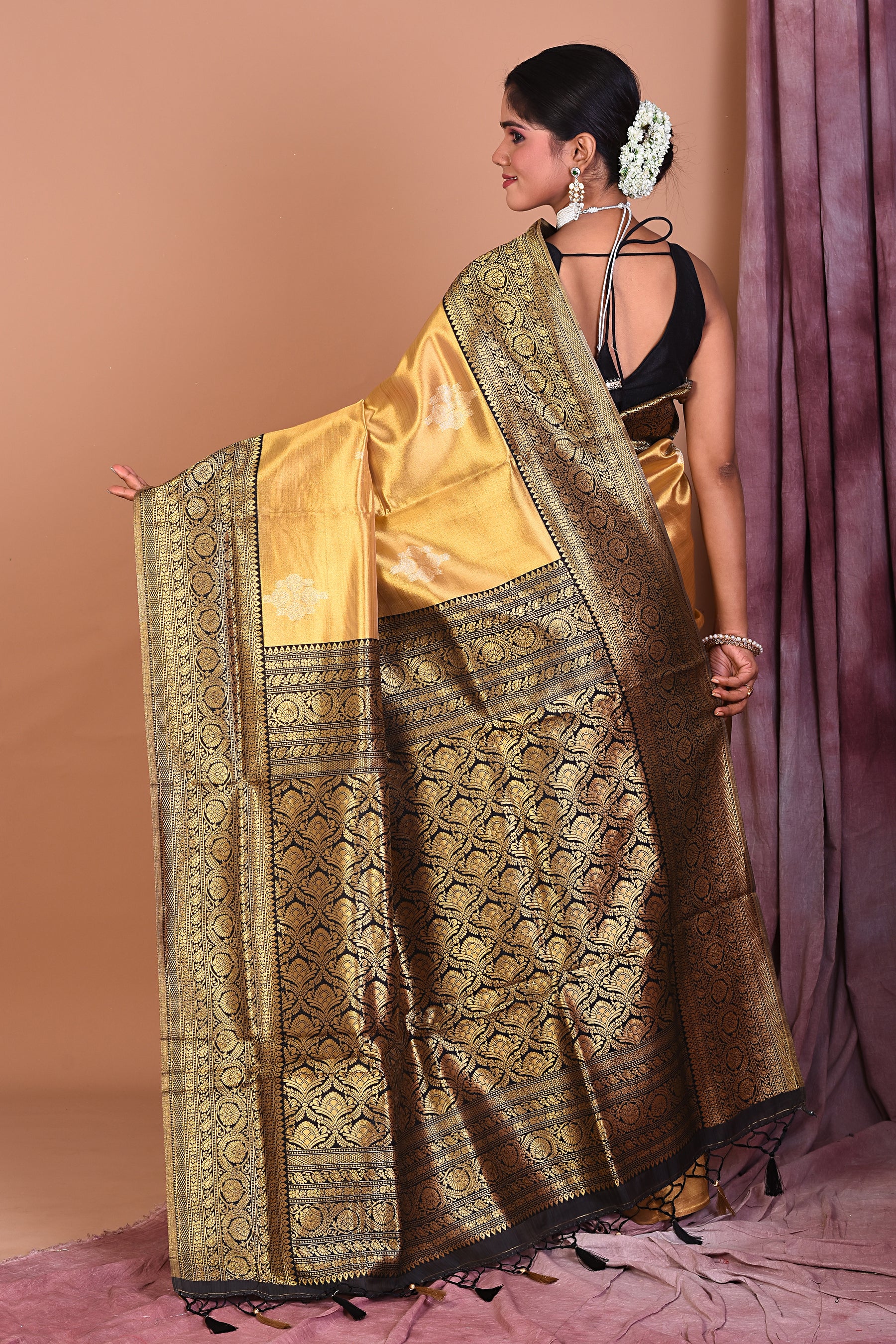 Golden Blended Organza Saree with Black Border - Keya Seth Exclusive