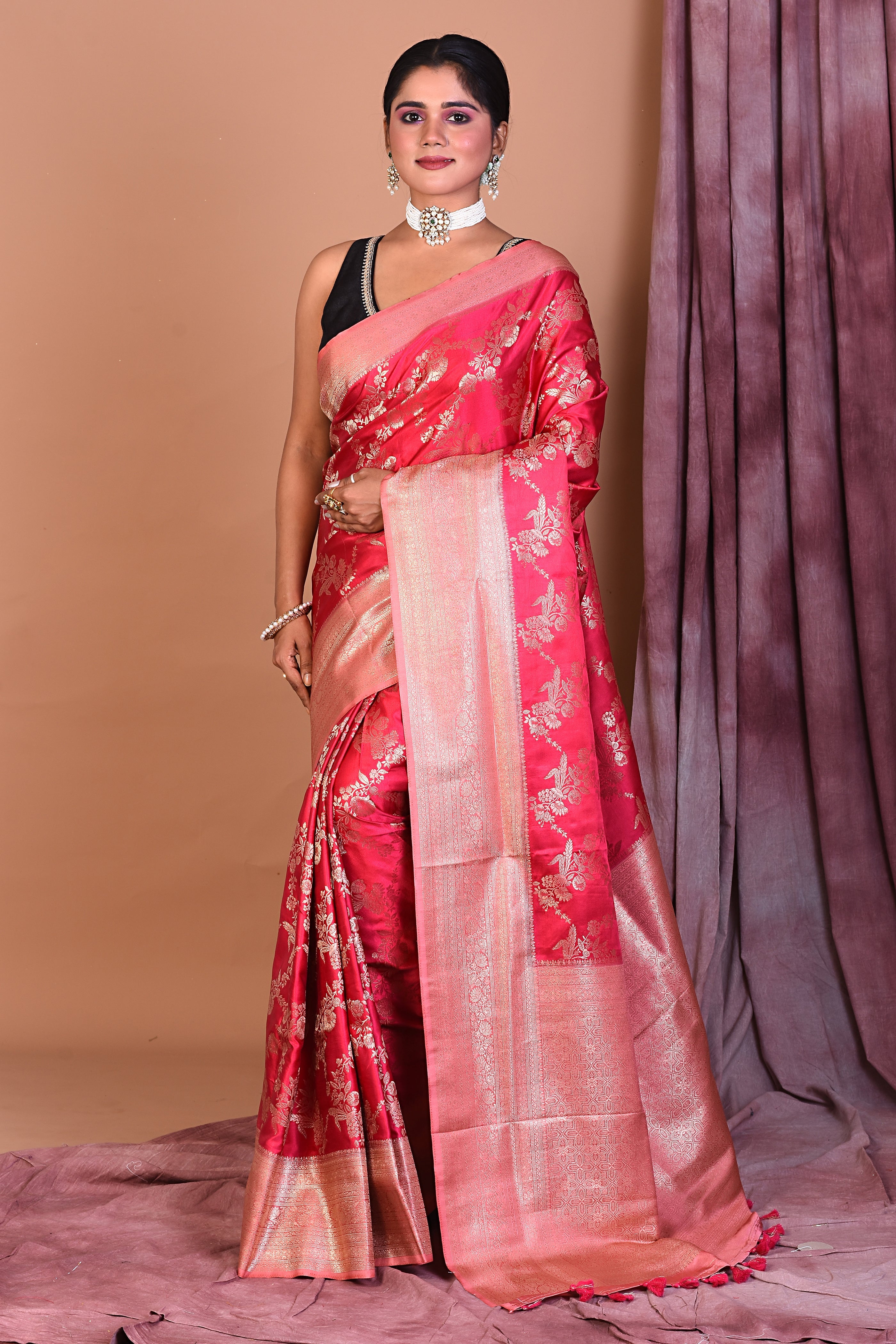 Light Pink Satin Silk Saree with Golden Zari - Keya Seth Exclusive