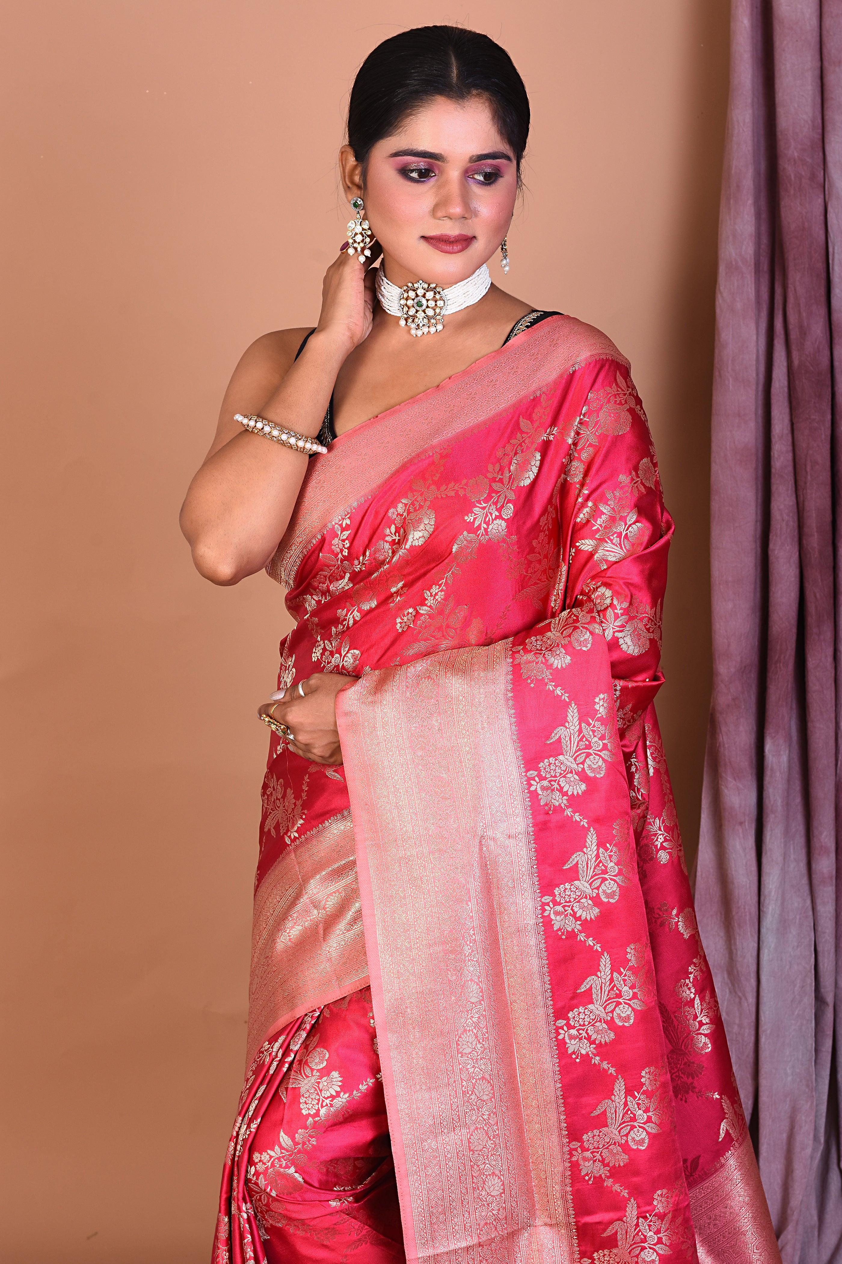 Light Pink Satin Silk Saree with Golden Zari - Keya Seth Exclusive