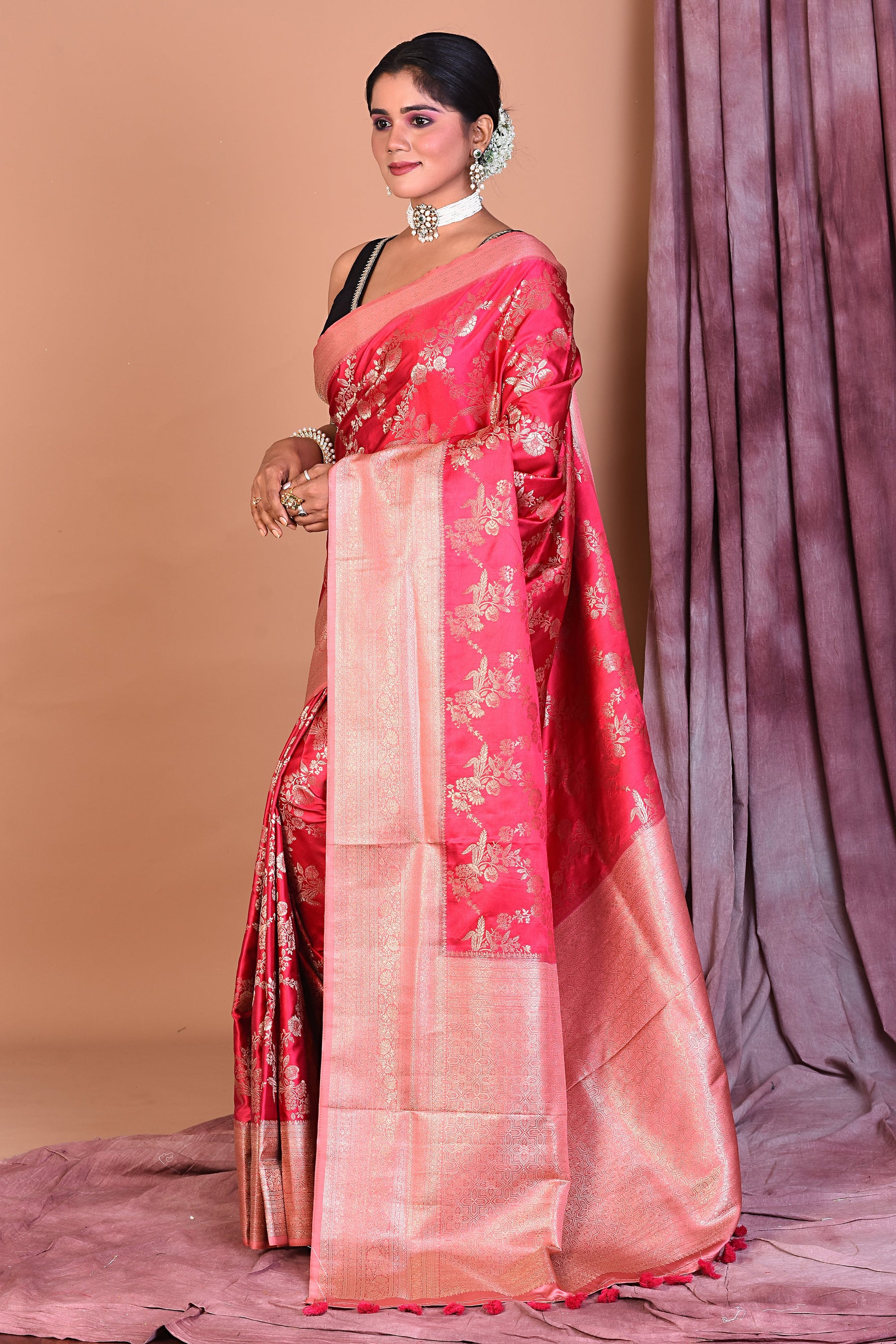 Light Pink Satin Silk Saree with Golden Zari - Keya Seth Exclusive