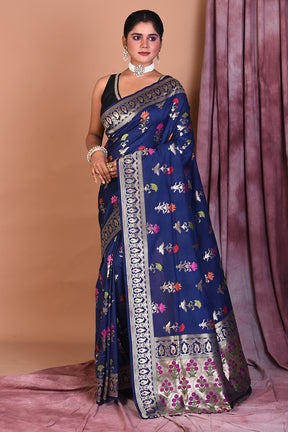 Navy Blue Semi Katan Saree with Floral Work - Keya Seth Exclusive