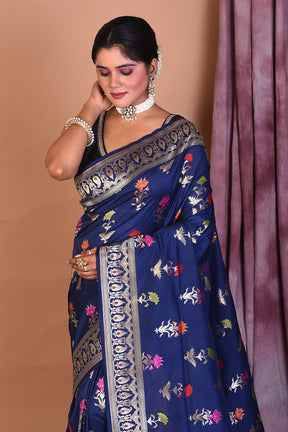 Navy Blue Semi Katan Saree with Floral Work - Keya Seth Exclusive